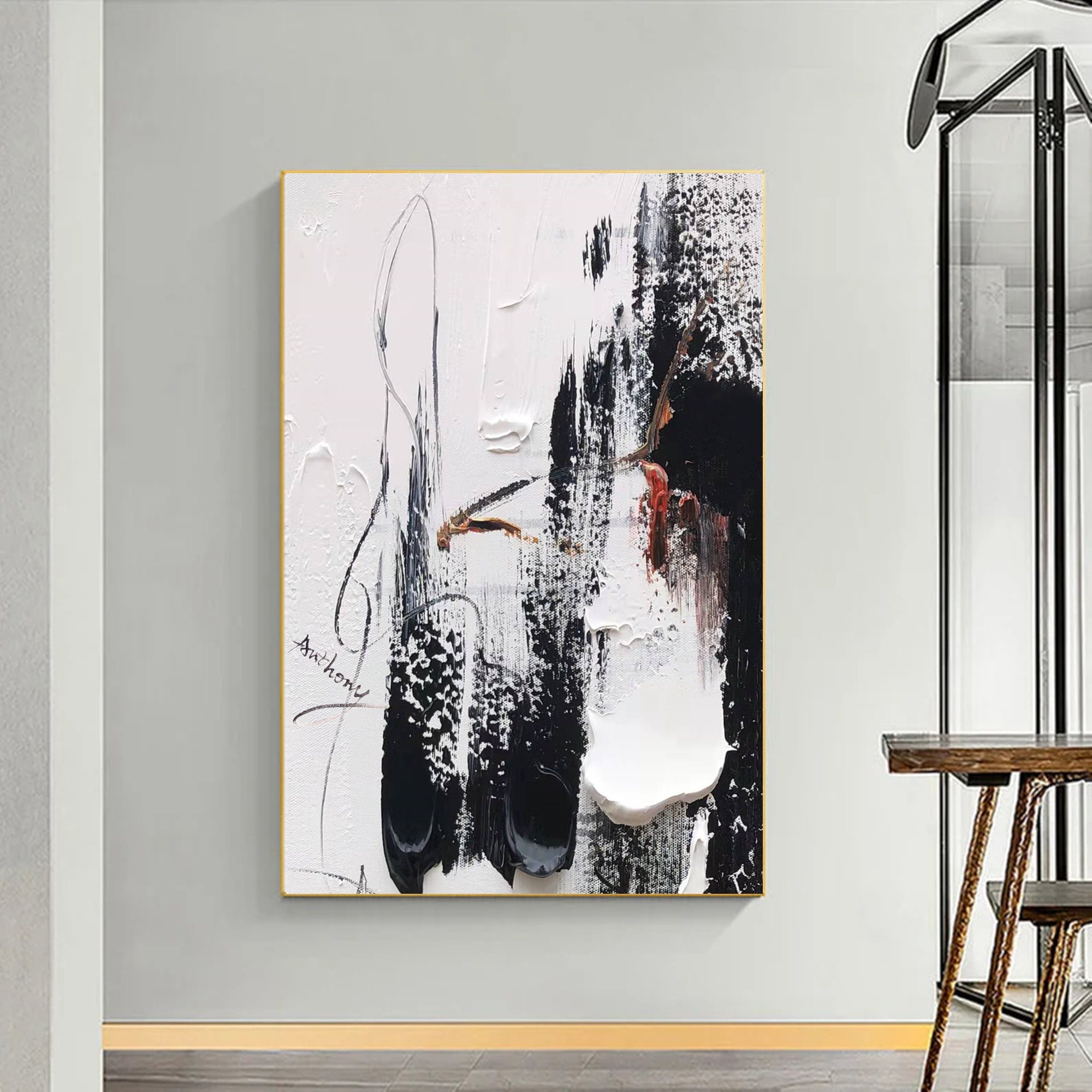大きな白黒の抽象画、大きな抽象的な壁アート、白いテクスチャの絵画