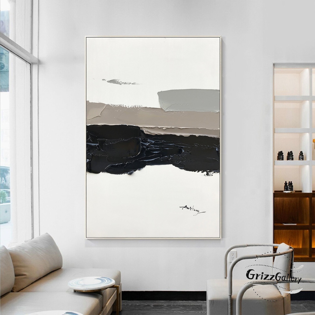 Large Minimalist Abstract Painting Black Minimalist Abstract Art Beige ...