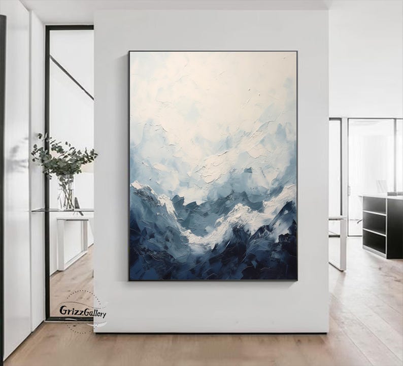Modern Blue and White Minimalist Wall Art White Textured Painting