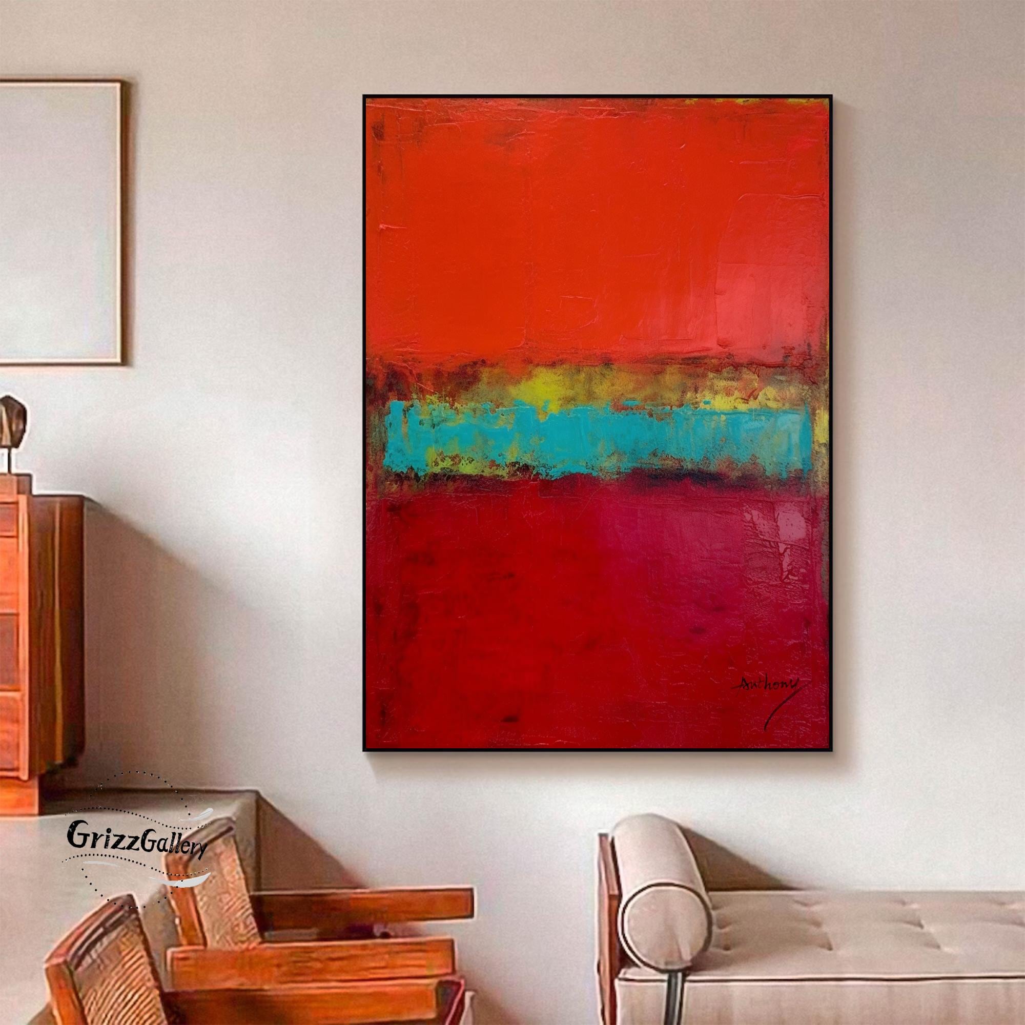 Large Red Abstract Painting on Canvas Red Minimalist Painting Gold ...