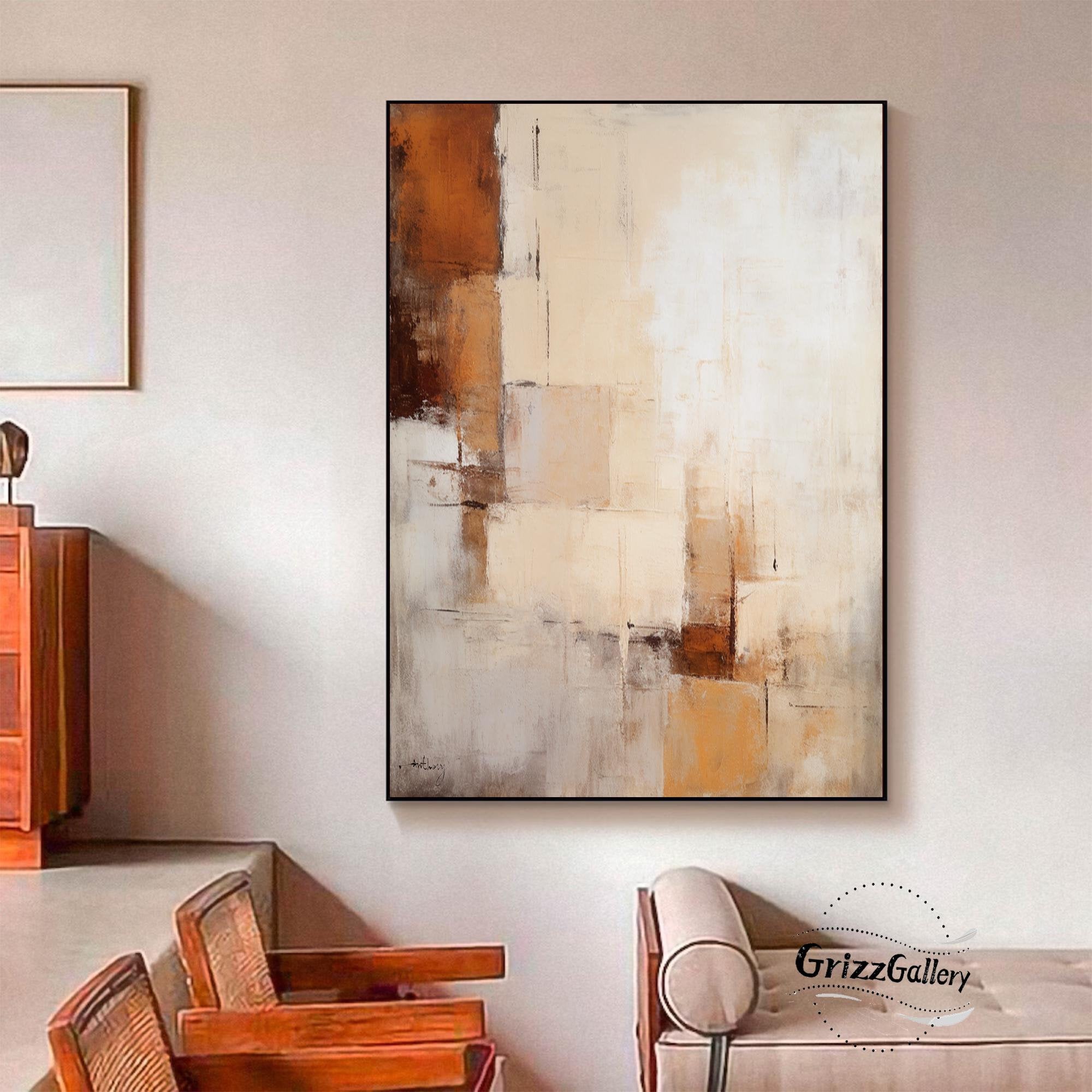 抽象画　茶色　絵画　アート作品 茶色とベージュの抽象画 大きな茶色の幾何学的抽象画 モダンなミニマ