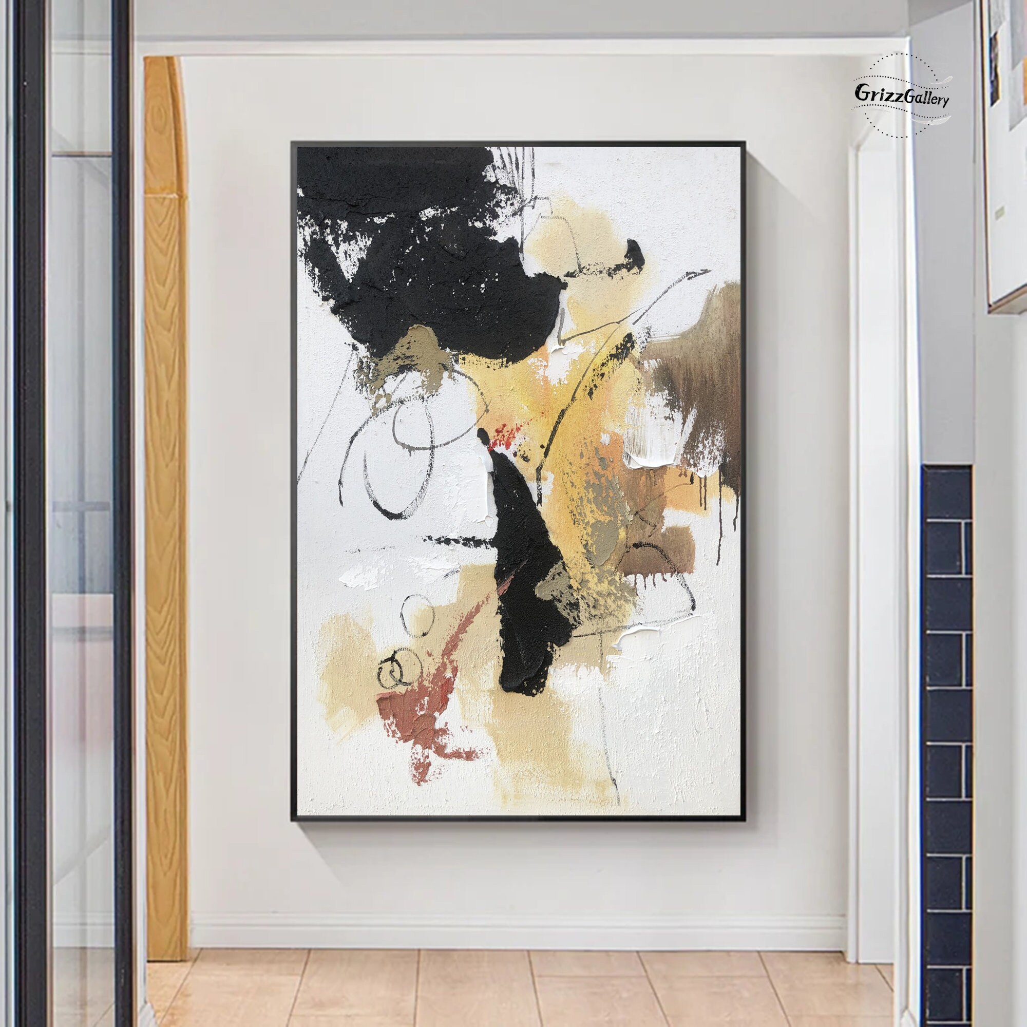 Large Minimalist Textured Abstract Painting White Canvas Painting Black ...