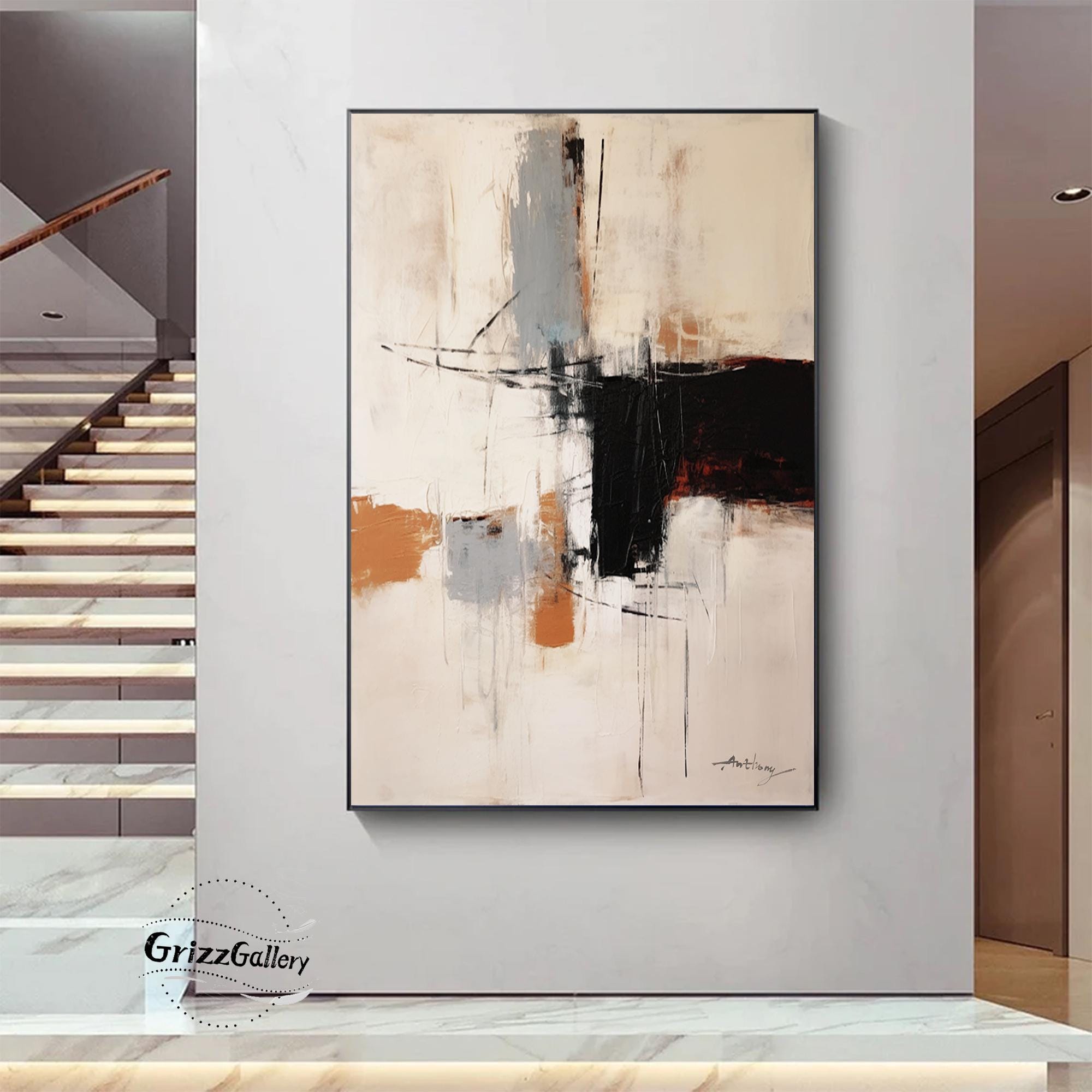 大きな抽象的な茶色と黒のテクスチャ絵画茶色の抽象的な壁アートモダン