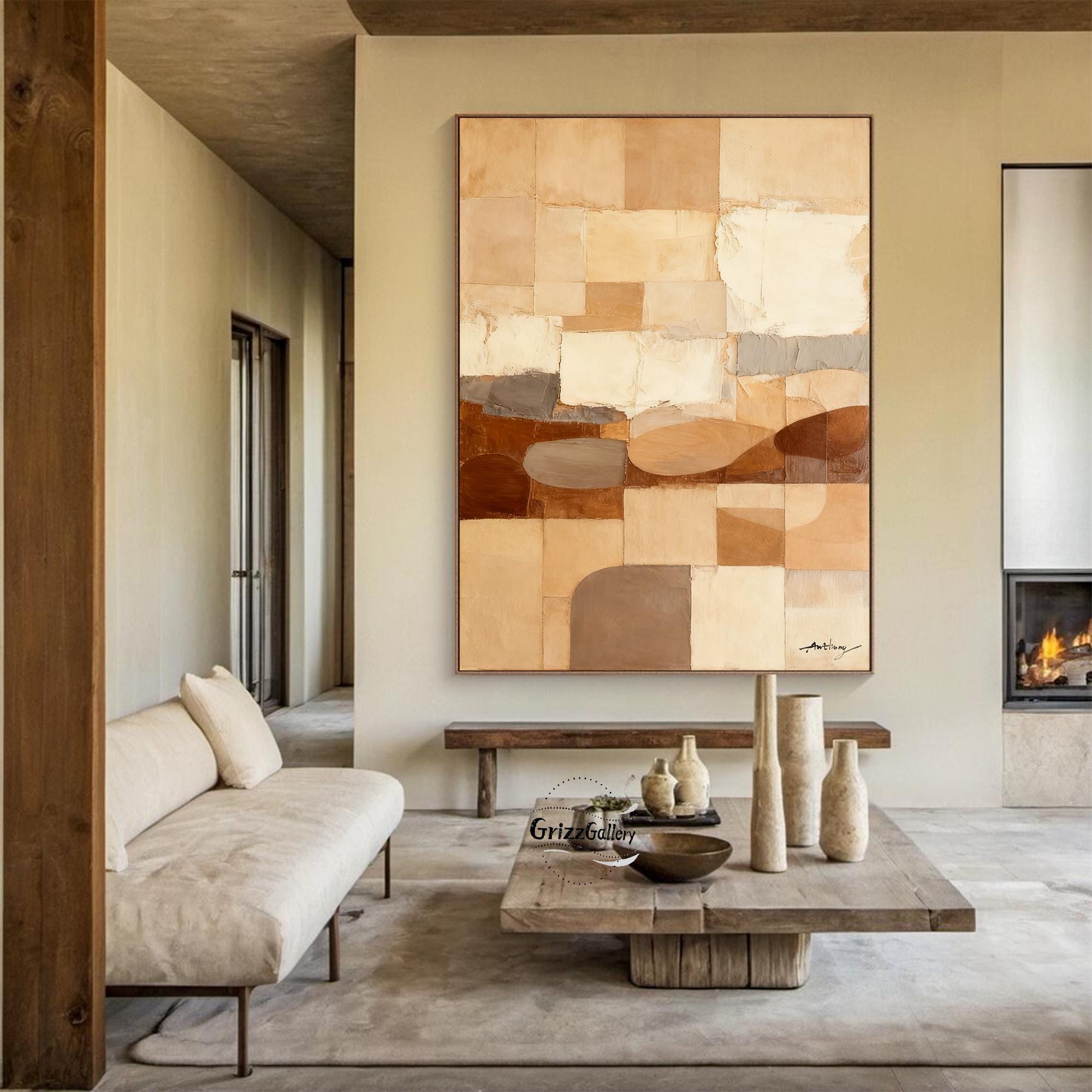 Original Brown Abstract Painting Large Geometric Pattern Beige and ...