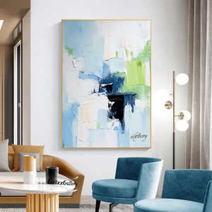 Blue and White Abstract Painting Green Minimalist Acrylic Abstract Painting White 3D Textured Abstract Wall Art Large Decorative Painting