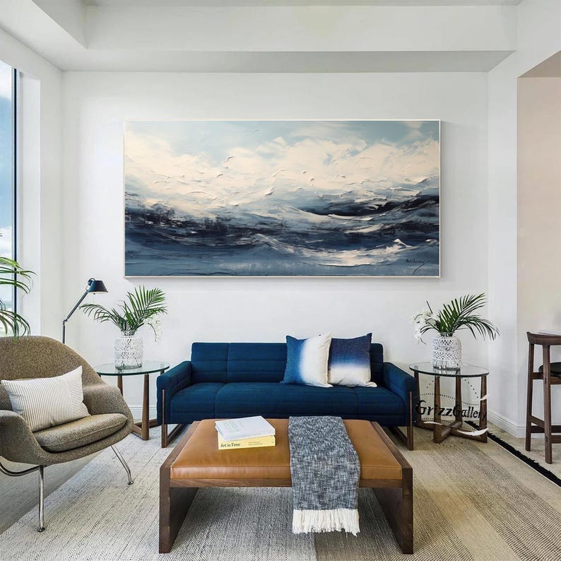 Abstract Dark Blue Texture Painting Large Blue and White Abstract