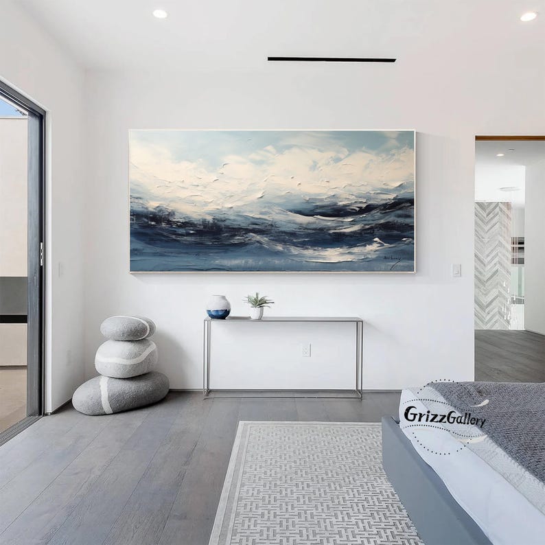 Abstract Dark Blue Texture Painting Large Blue and White Abstract