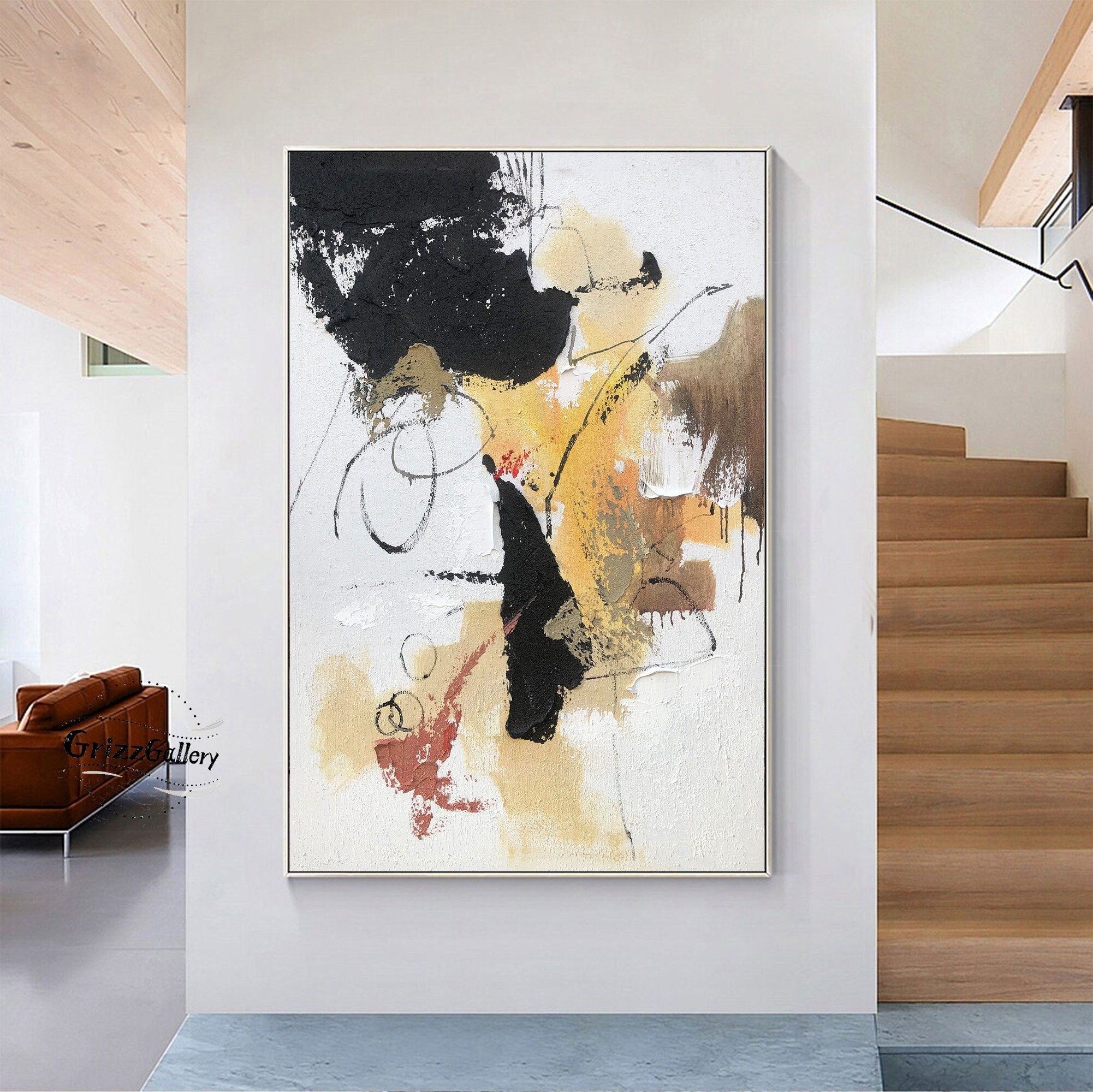Large Minimalist Textured Abstract Painting White Canvas Painting Black Abstract Textured Wall Art Brown and Beige Decorative Painting