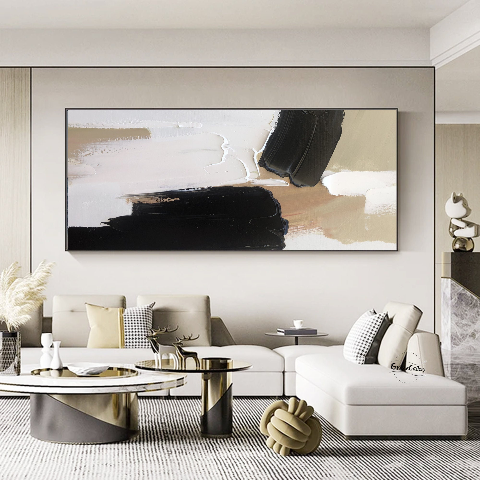 Black and White Minimalist Painting Large Black Abstract Wall Art White Textured Wall Art White Abstract Painting Beige Painting Bedroom Art