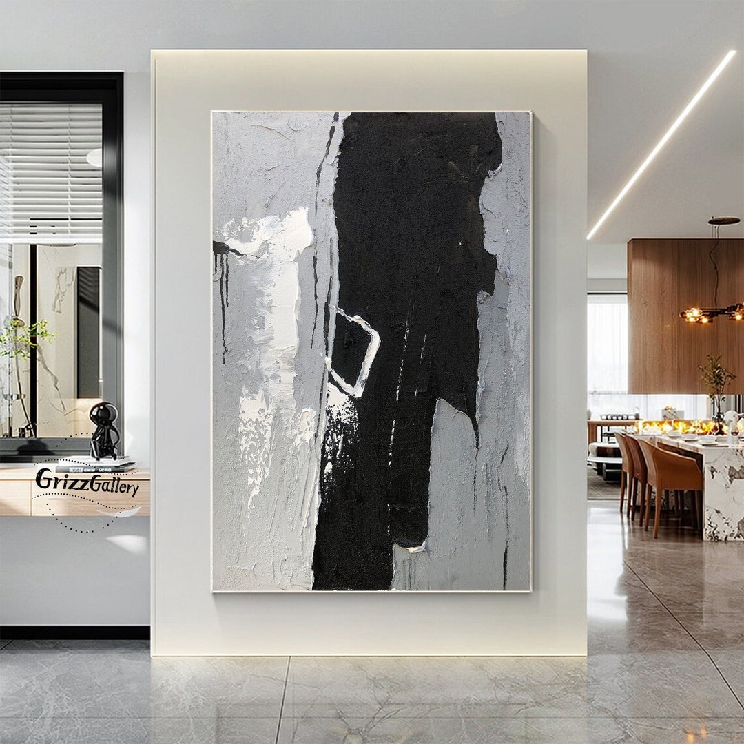 Large Grey Texture Painting Black and Grey Abstract Wall Art Etsy