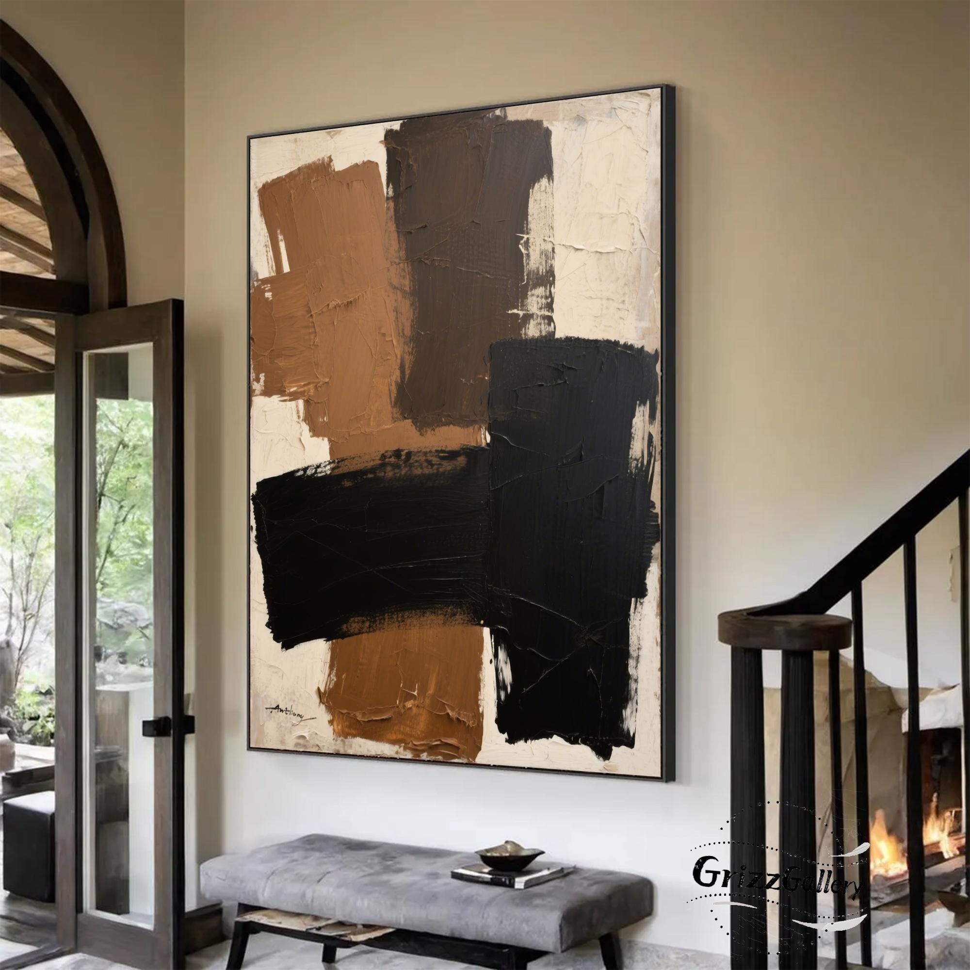 Large Geometric Black Brown 3D Texture Abstract Painting Brown Wall Art ...