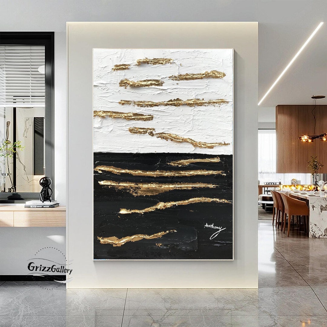 Large Black and White Textured Abstract Painting Modern Minimalist ...