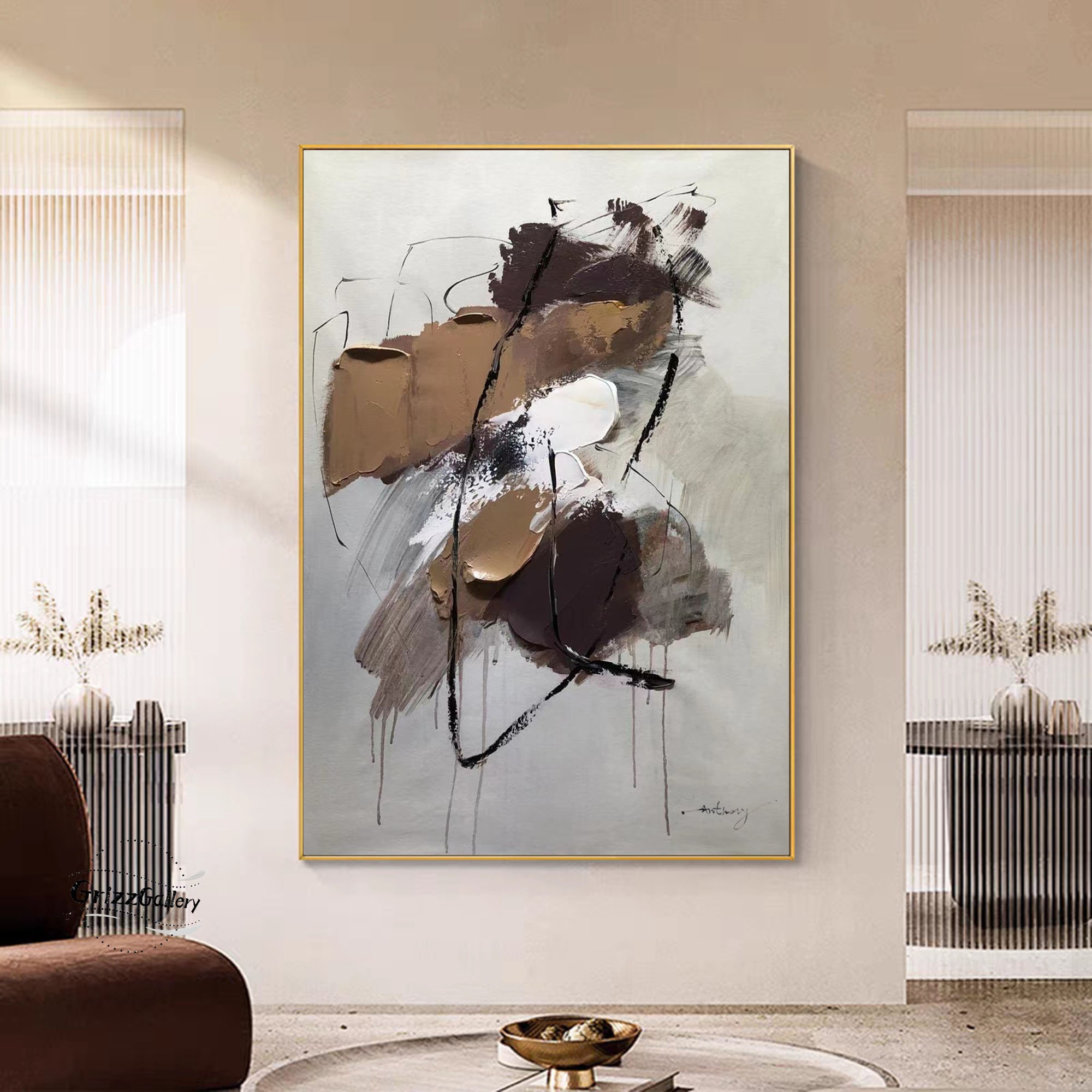 抽象画　茶色　絵画　アート作品 茶色の抽象的なテクスチャの壁アート 大きな抽象画 モダンなアクリル