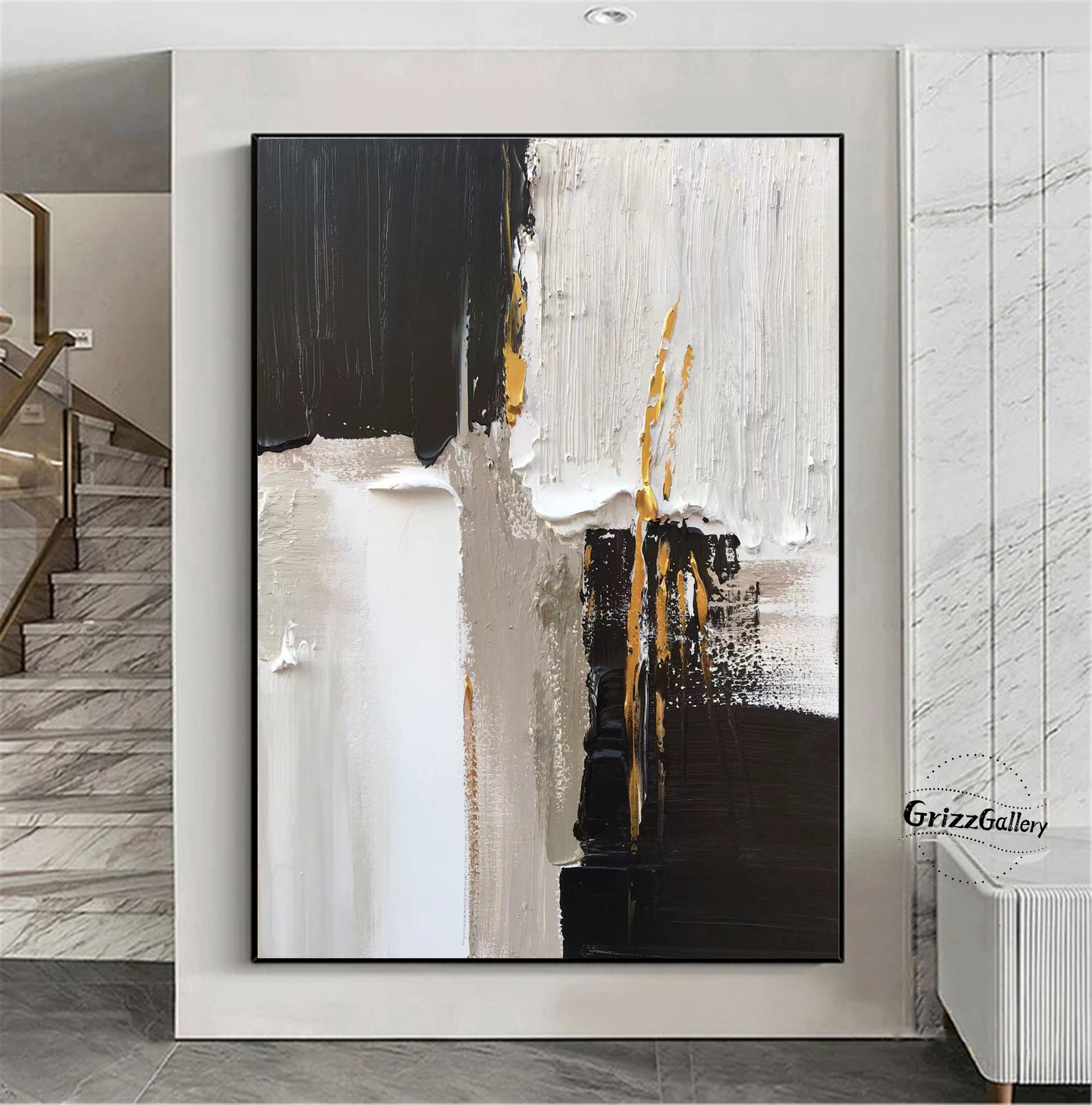 Black and White Abstract Texture Painting Large Minimalist 3D Etsy