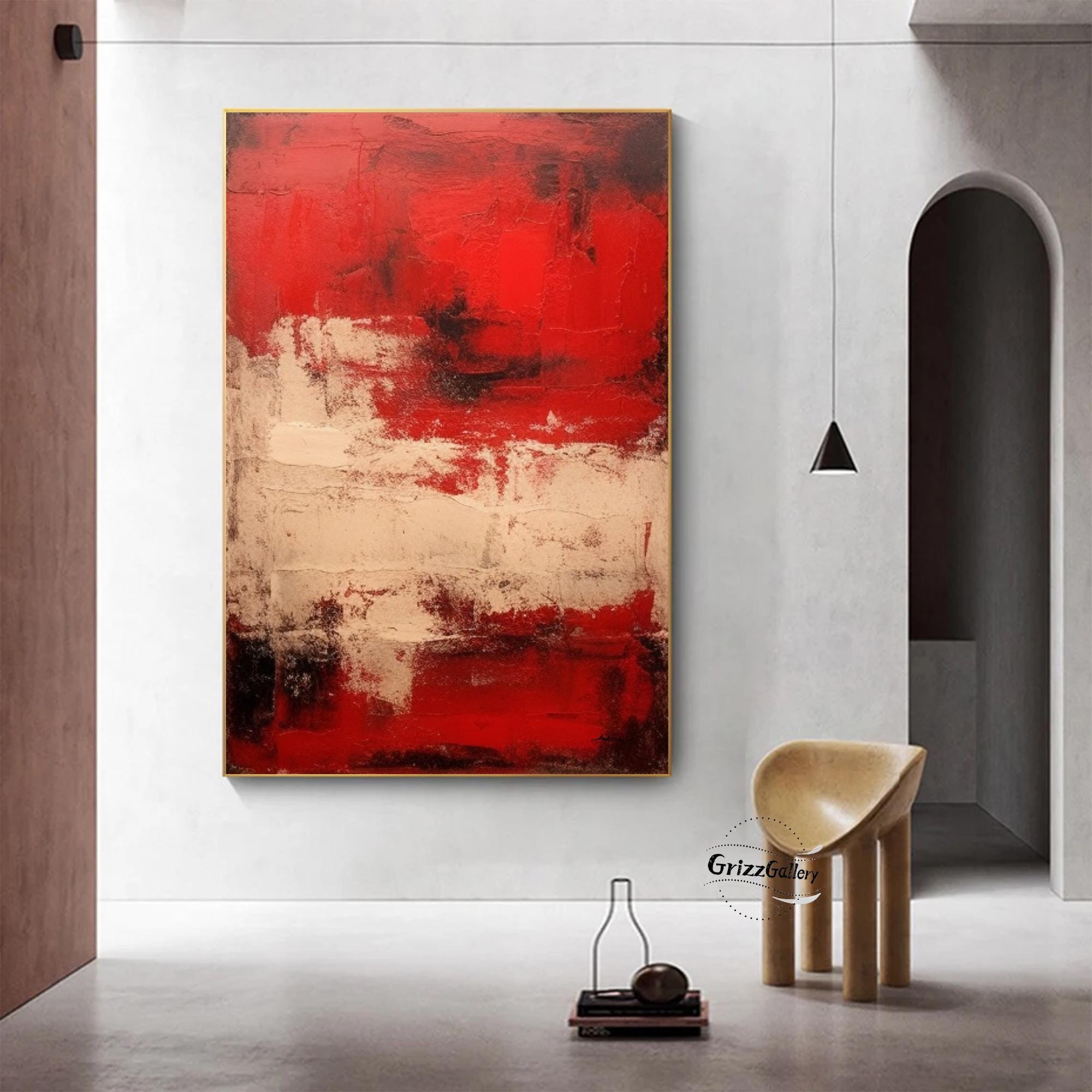 Large Red Abstract Painting on Canvas Red Beige Minimalist Painting ...