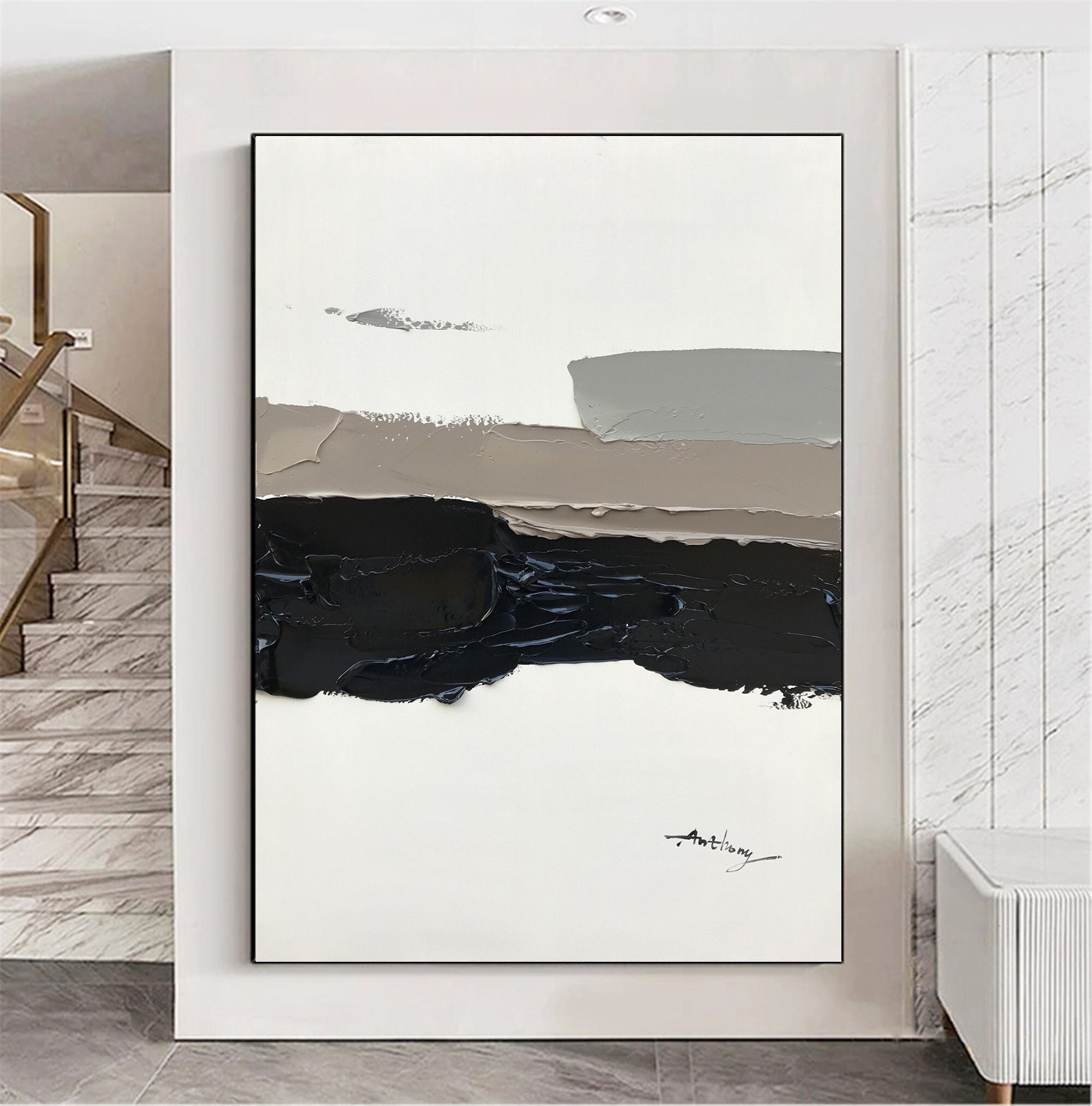 Large Minimalist Abstract Painting Black Minimalist Abstract Art Beige ...