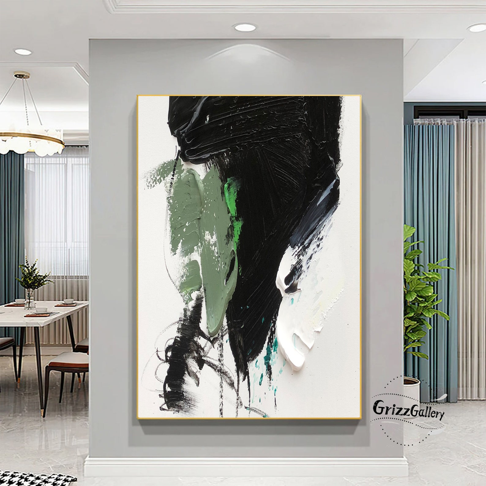 Large Black and White Textured Abstract Painting Green - Etsy