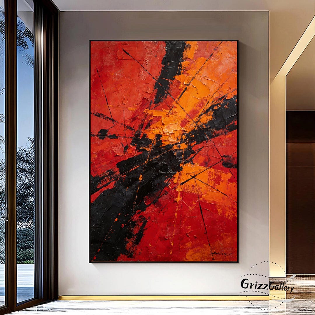 Handmade Orange and Red Abstract Oil Painting Large Orange and Red Wall ...