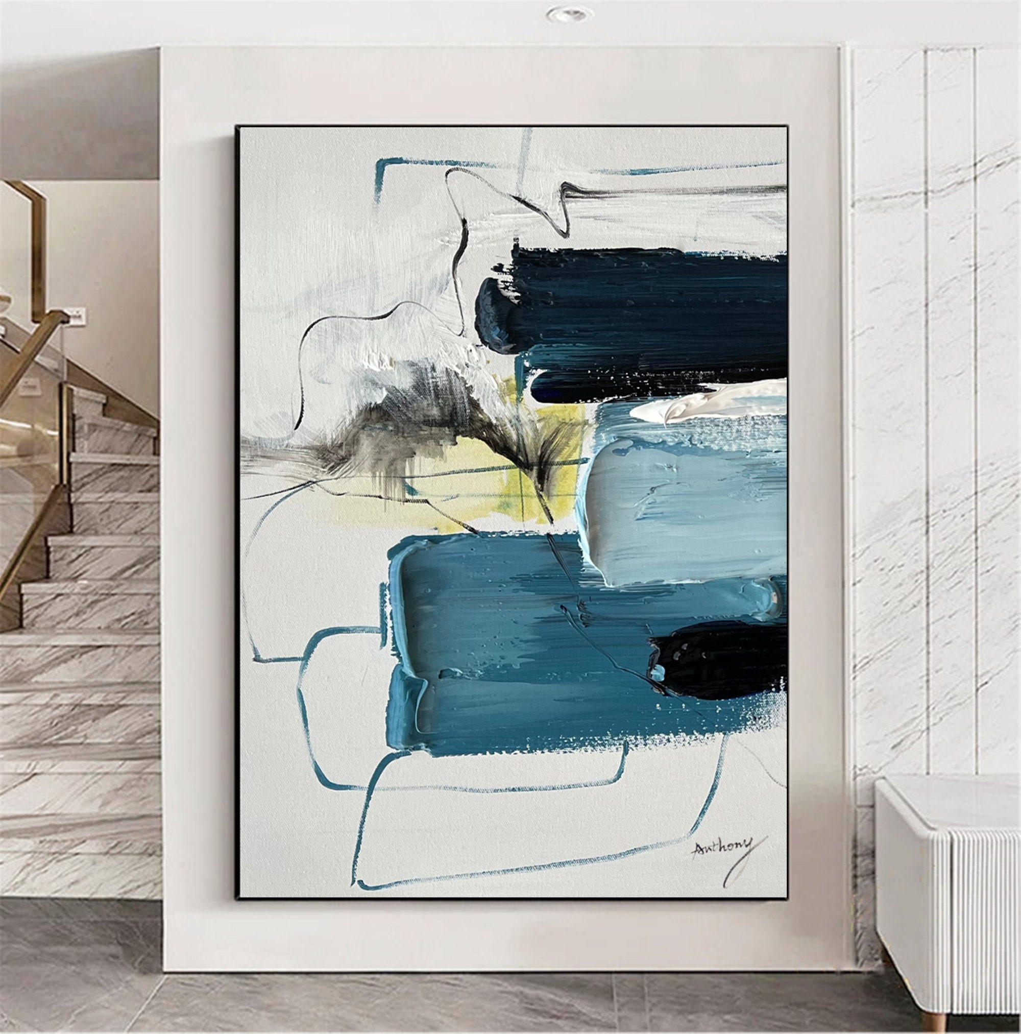 Large Abstract Painting on Canvas Blue Texture Abstract Painting ...