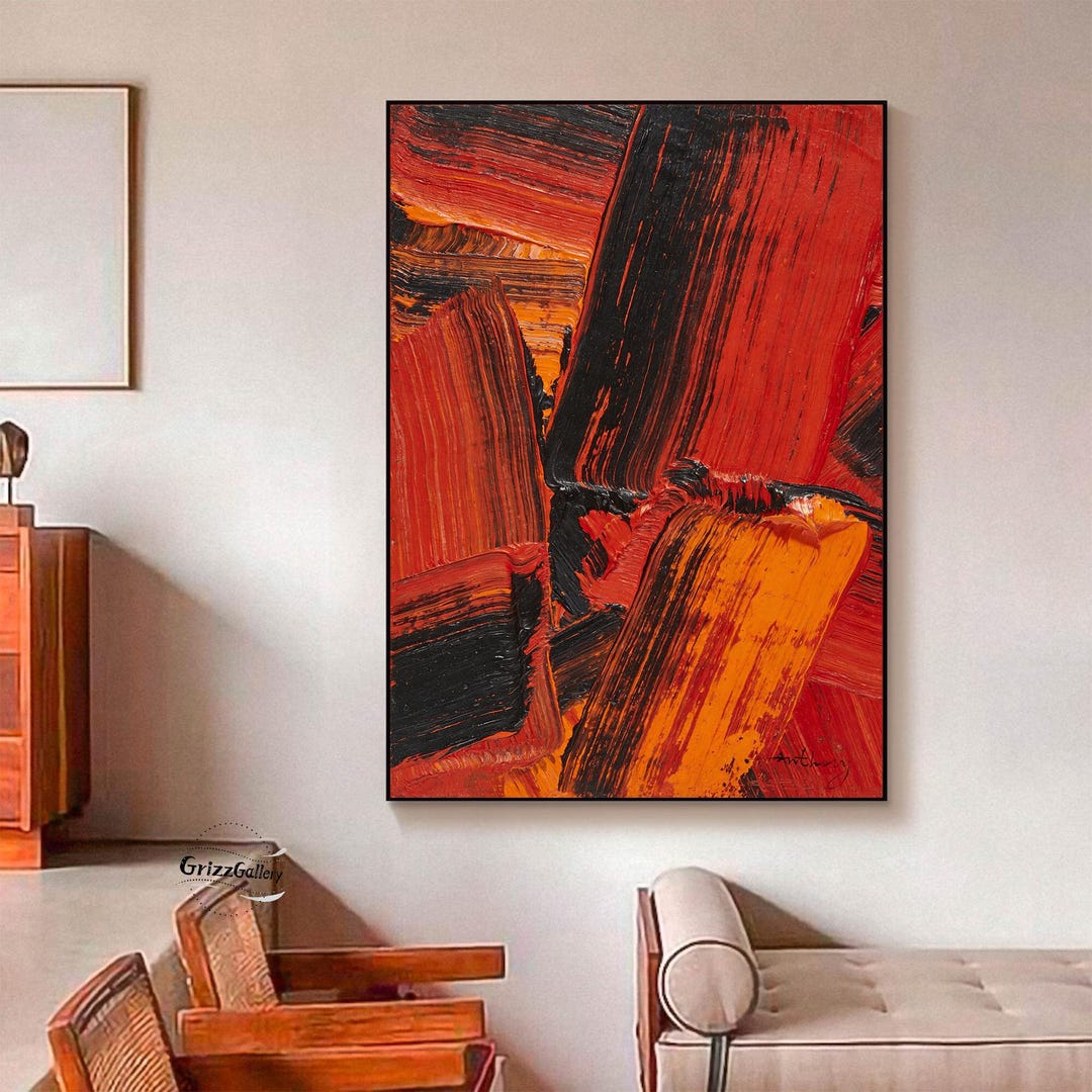 Large Red and Black Abstract Painting on Canvas Modern Textured Wall ...