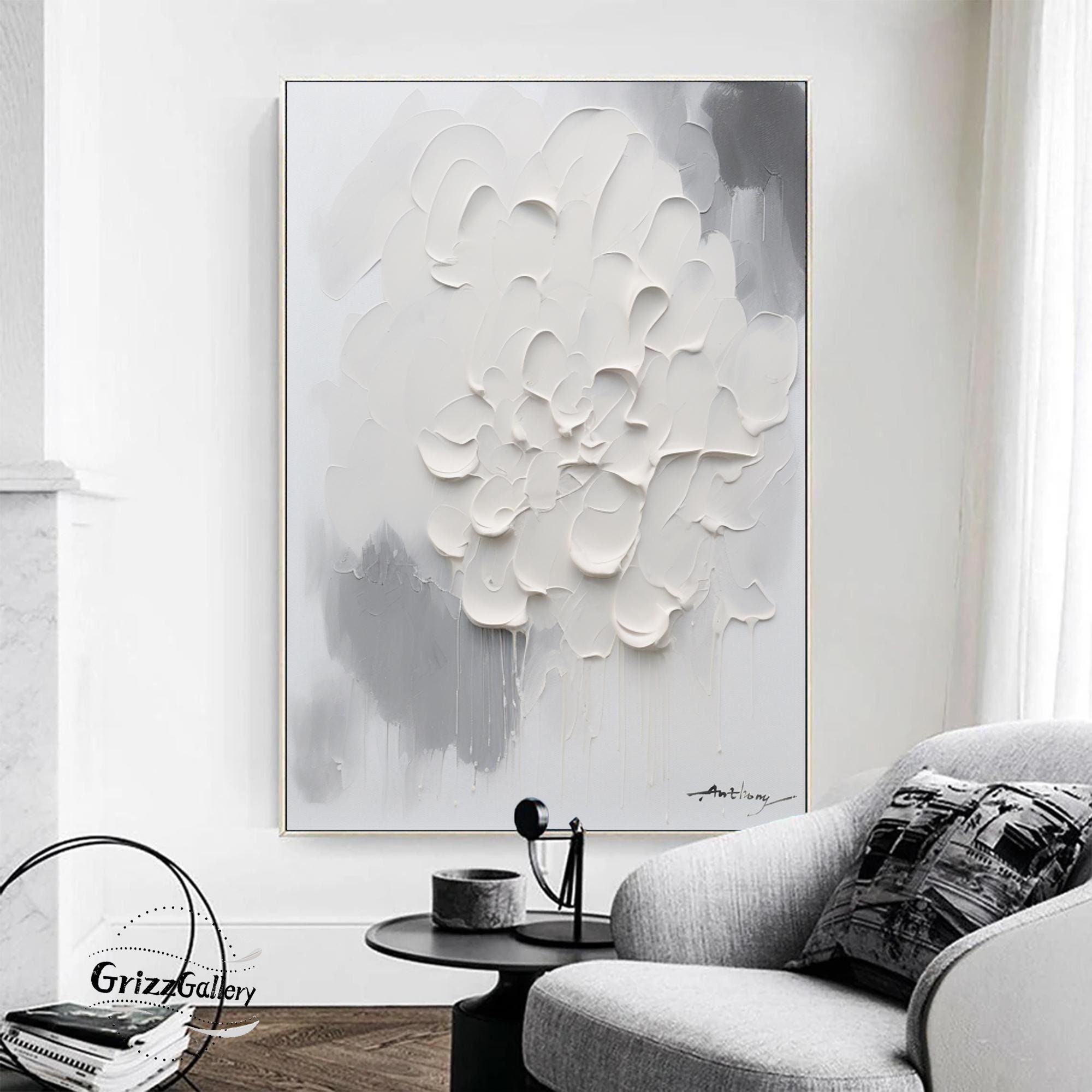 Modern 3D Textured White Flower Wall Art White 3D Textured Painting White Petal Painting Gray White Textured Abstract Painting Home Wall Art