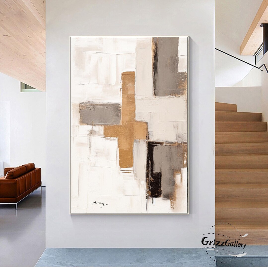 Large Neutral Abstract Canvas Painting Beige and Gray Wall Art Beige ...
