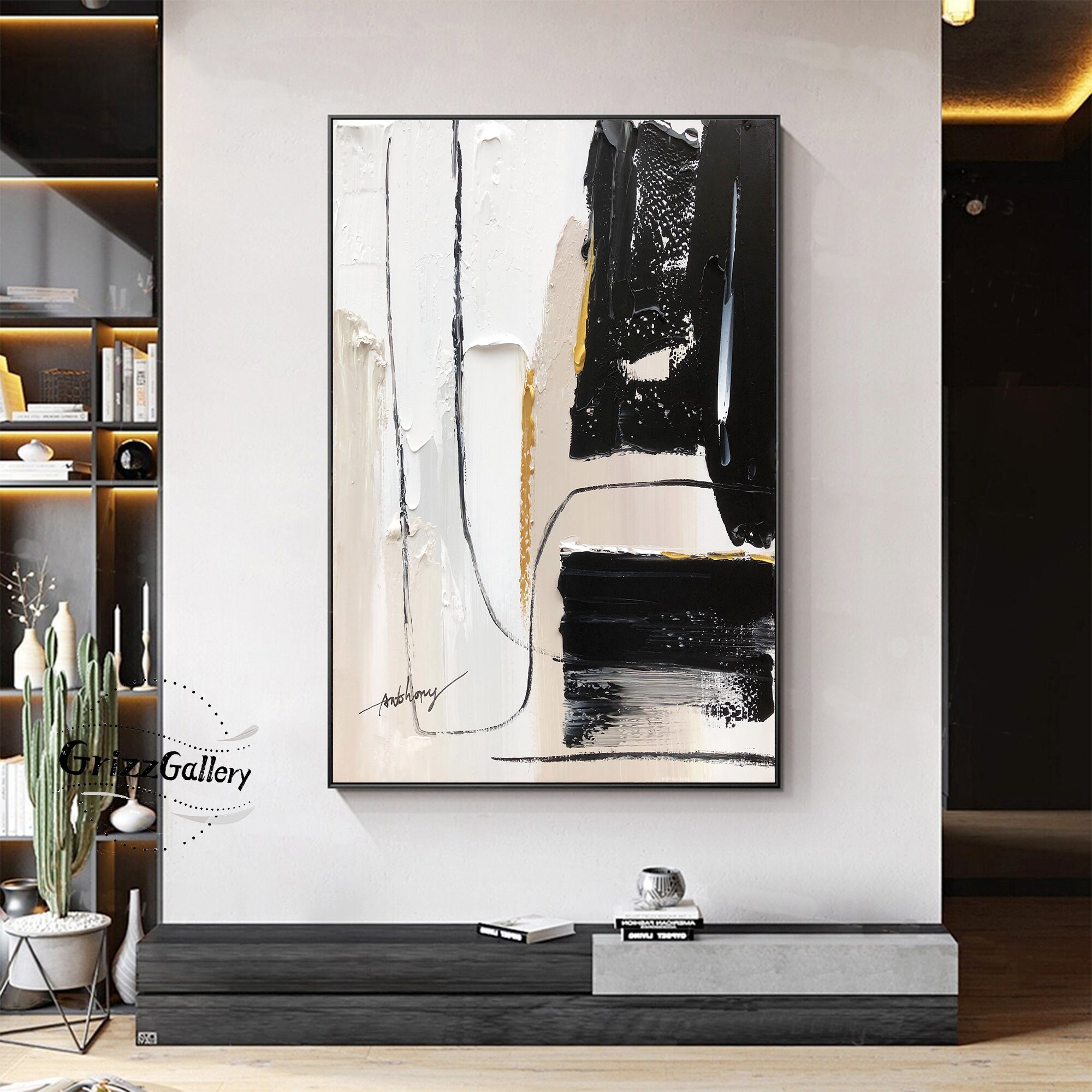 Beige and Black Abstract Painting on Canvas Large Textured Wall Art ...