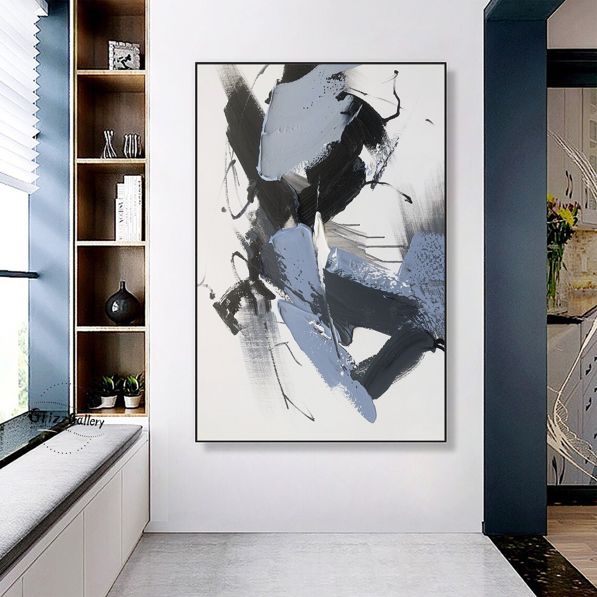 Original Blue Black Abstract Painting Large Minimalist Blue Abstract Painting Modern Black Textured Abstract Painting Decorative Painting