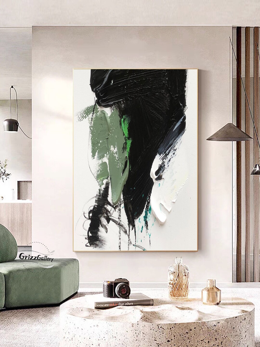 Large Black and White Textured Abstract Painting Green Abstract ...