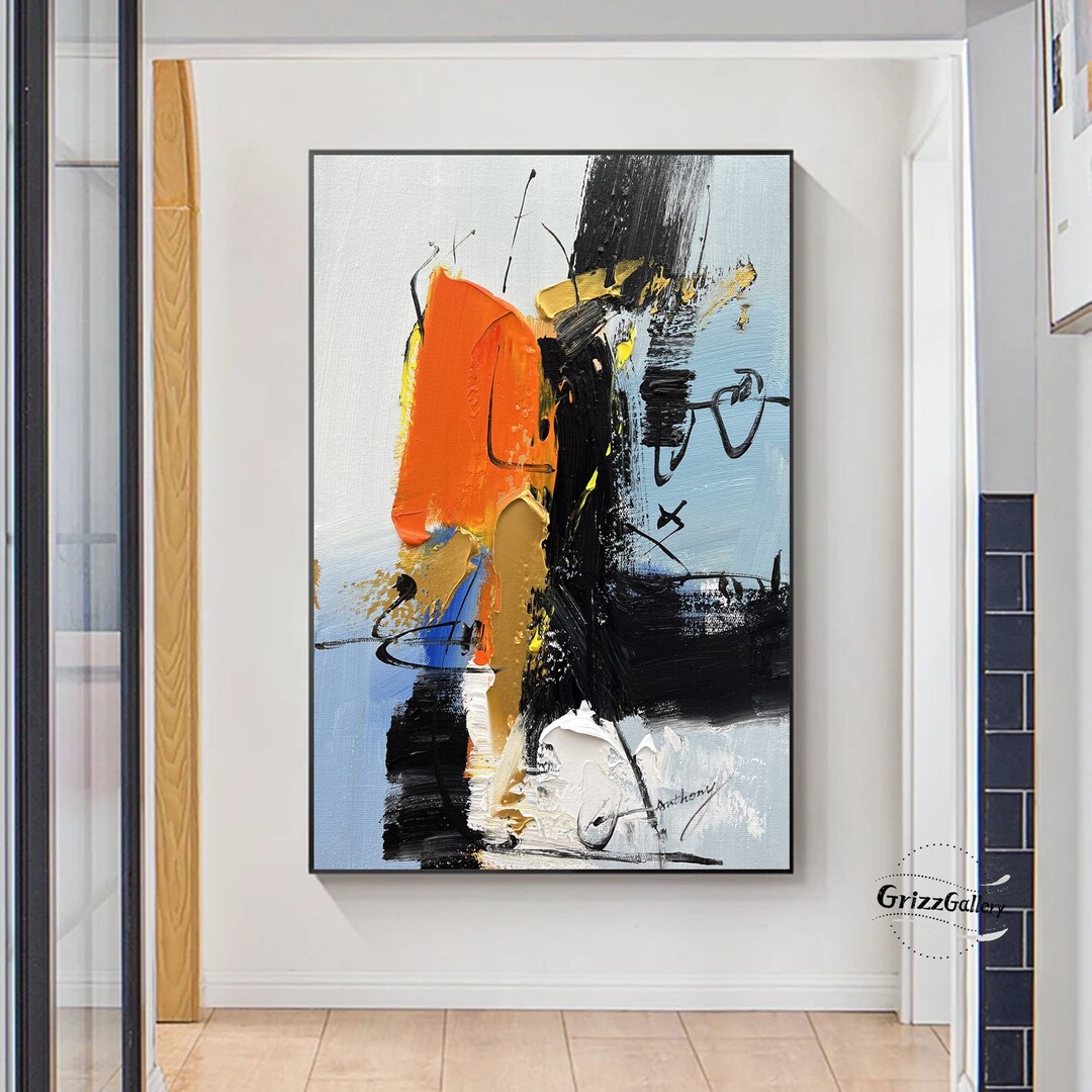 Large Abstract Texture Painting Orange Textured Abstract Wall Art Blue ...