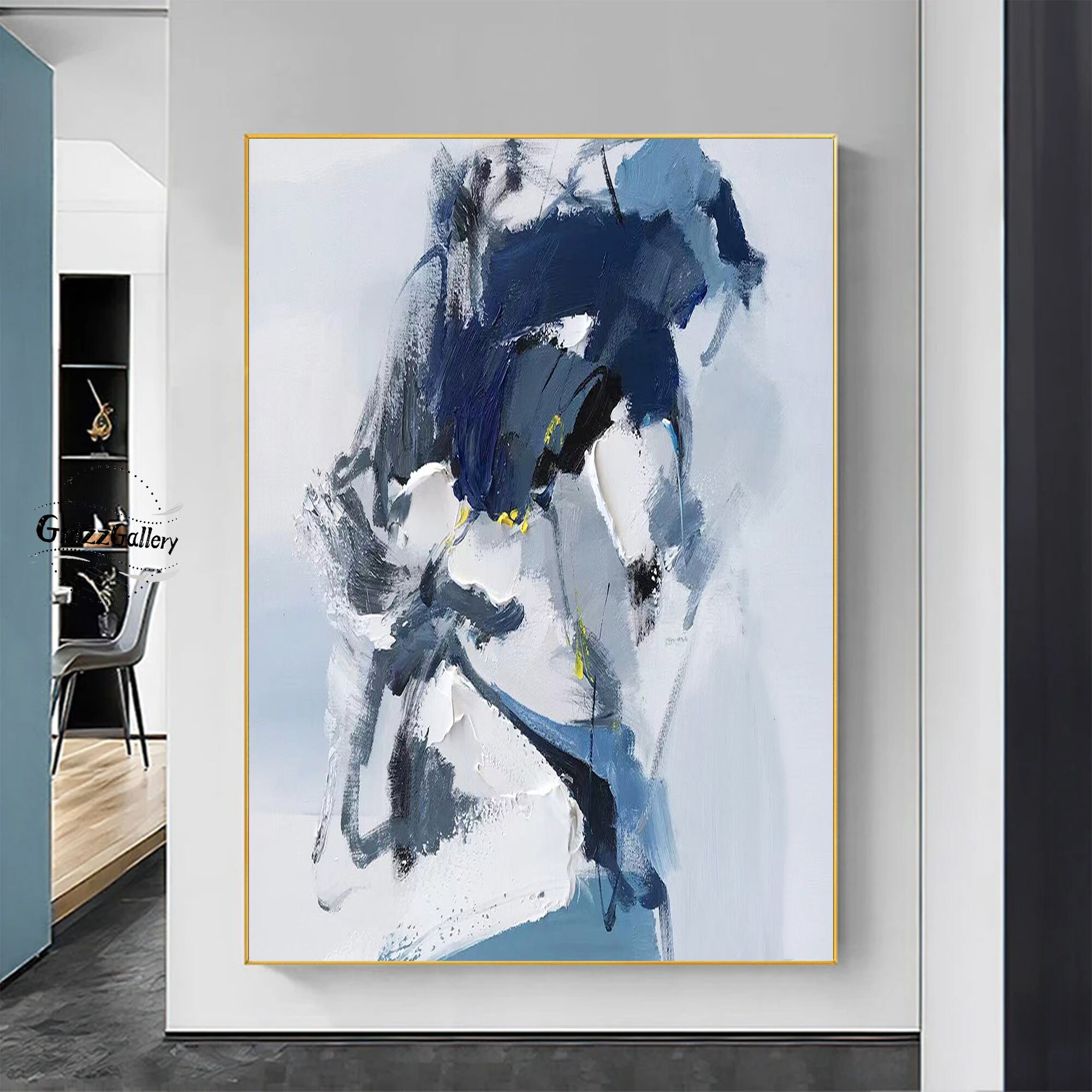 Large Abstract Painting Blue and White Abstract Painting on Canvas Original Minimalist Painting