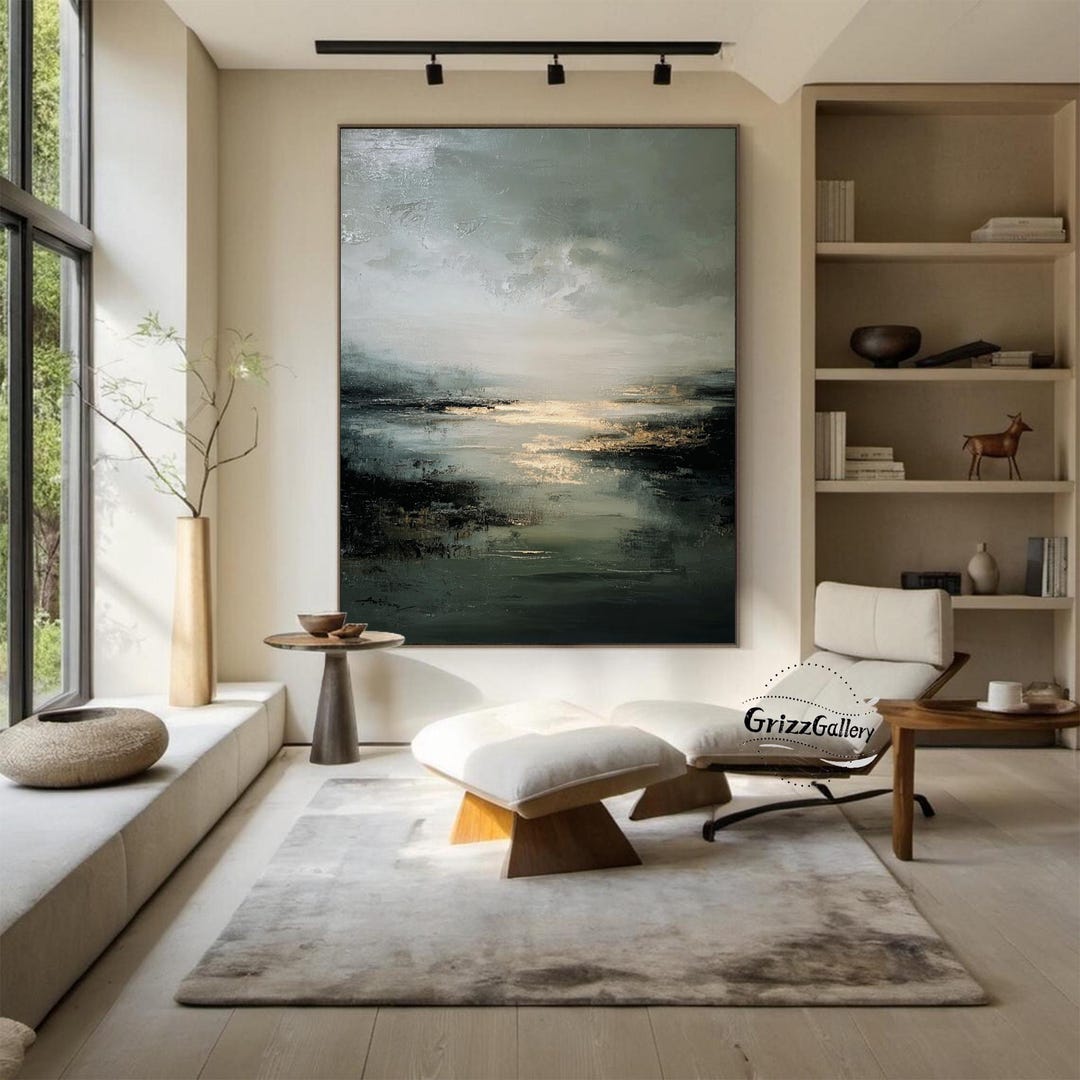Large Green Landscape Abstract Painting Green and Black Textured Canvas ...