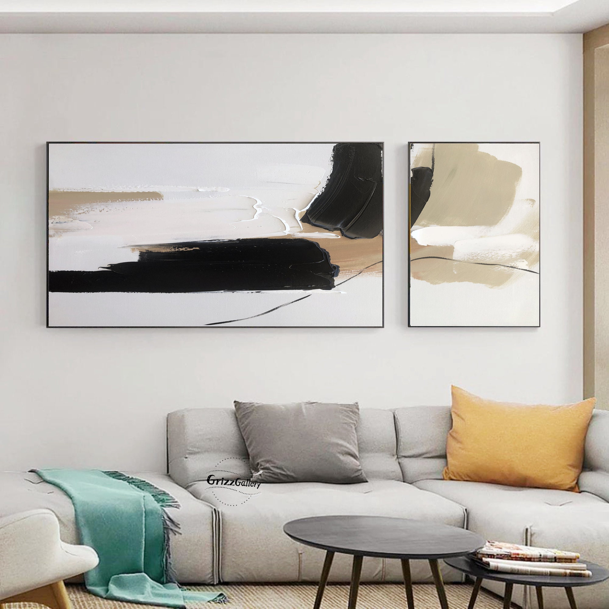 Set of 2 Minimalist Abstract Paintings Black and White Abstract Texture ...
