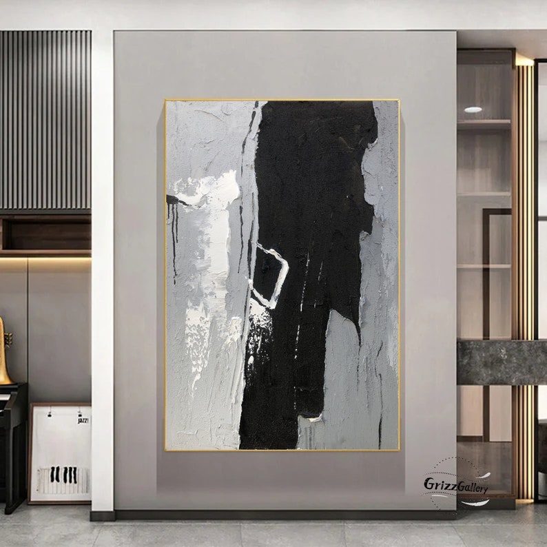 Large Grey Texture Painting Black and Grey Abstract Wall Art Etsy