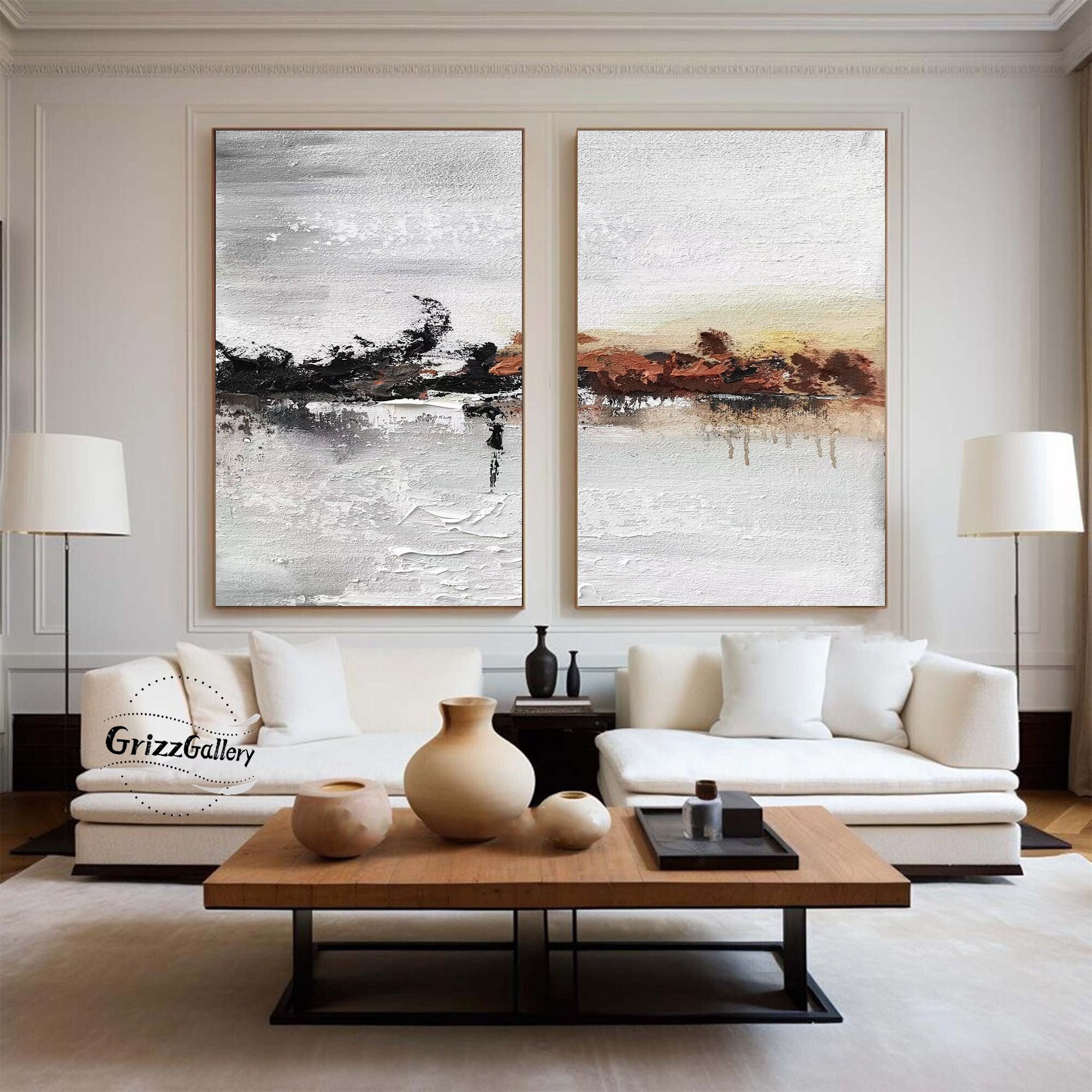 Set of 2 Gray and White Abstract Paintings White Textured Art Black Minimalist Brown Paintings Living Room Minimalist Decorative Paintings