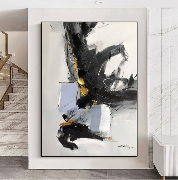 Grand tableau noir et or, peinture acrylique sur toile, art abstrait,  peinture abstraite, peinture à la feuille d'or, peinture noire, art mural -   France