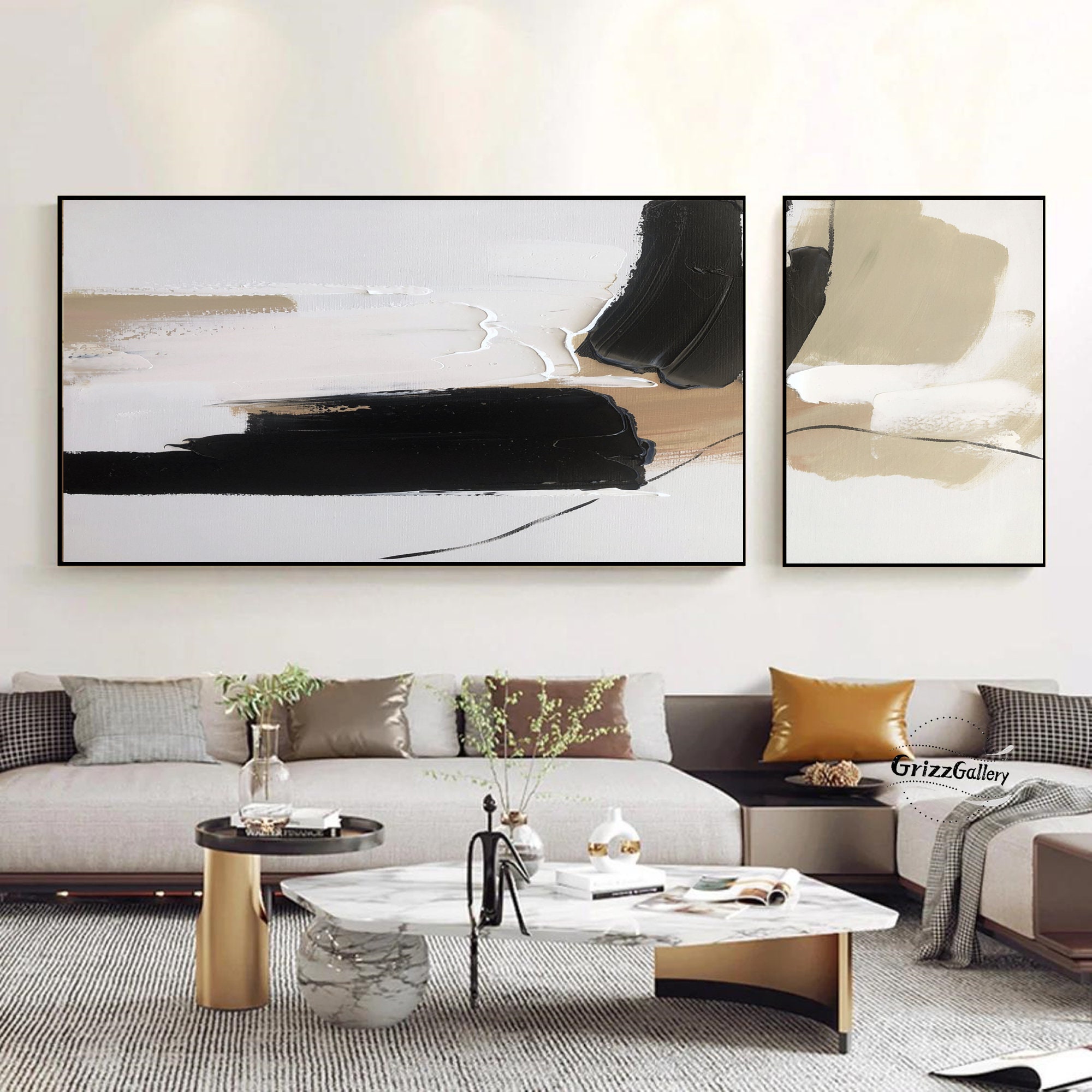 Set of 2 Minimalist Abstract Paintings Black and White Abstract Texture ...