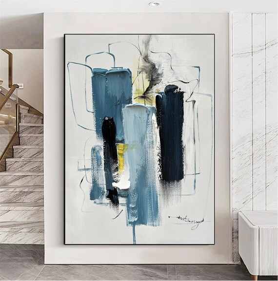 Large Minimalist Wall Art Blue Minimalist Abstract Painting Etsy