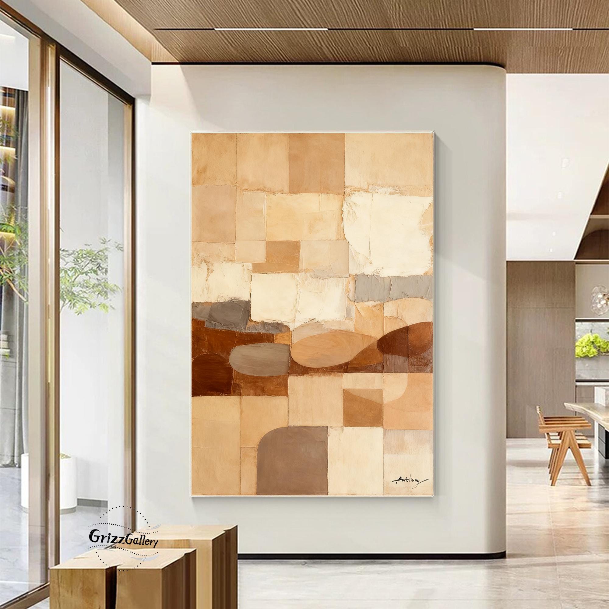 Original Brown Abstract Painting Large Geometric Pattern Beige and ...