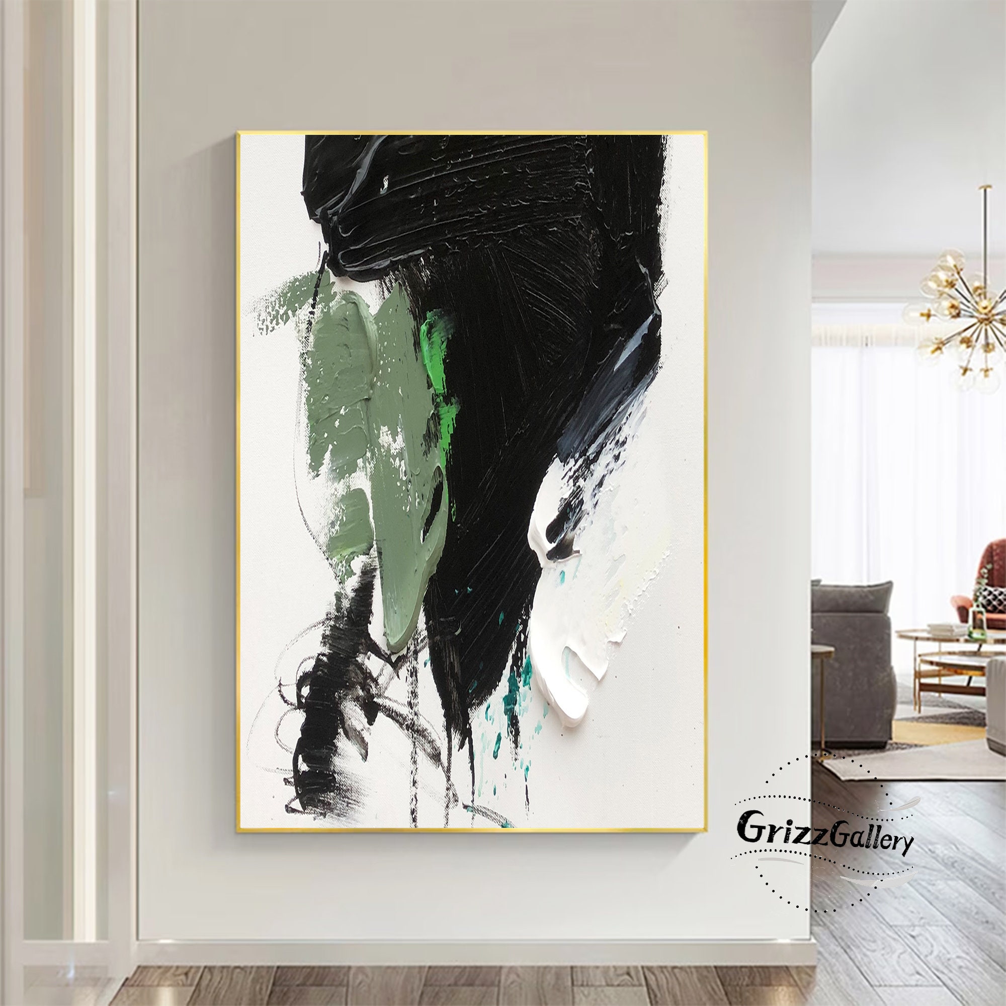 Large Black and White Textured Abstract Painting Green - Etsy