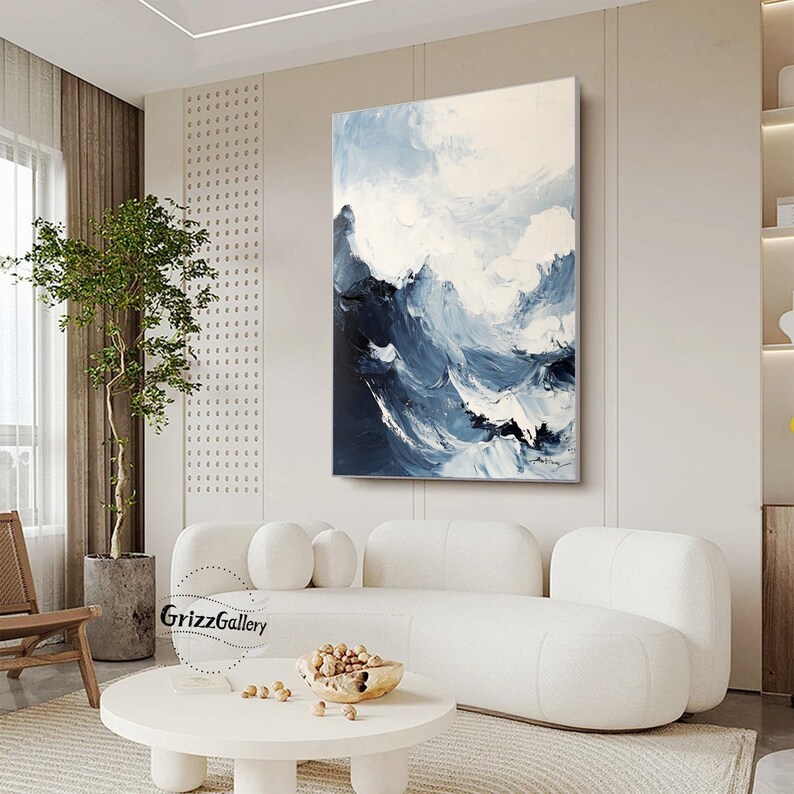Abstract 3D Textured Dark Blue Wall Art Blue Wave Canvas Painting ...