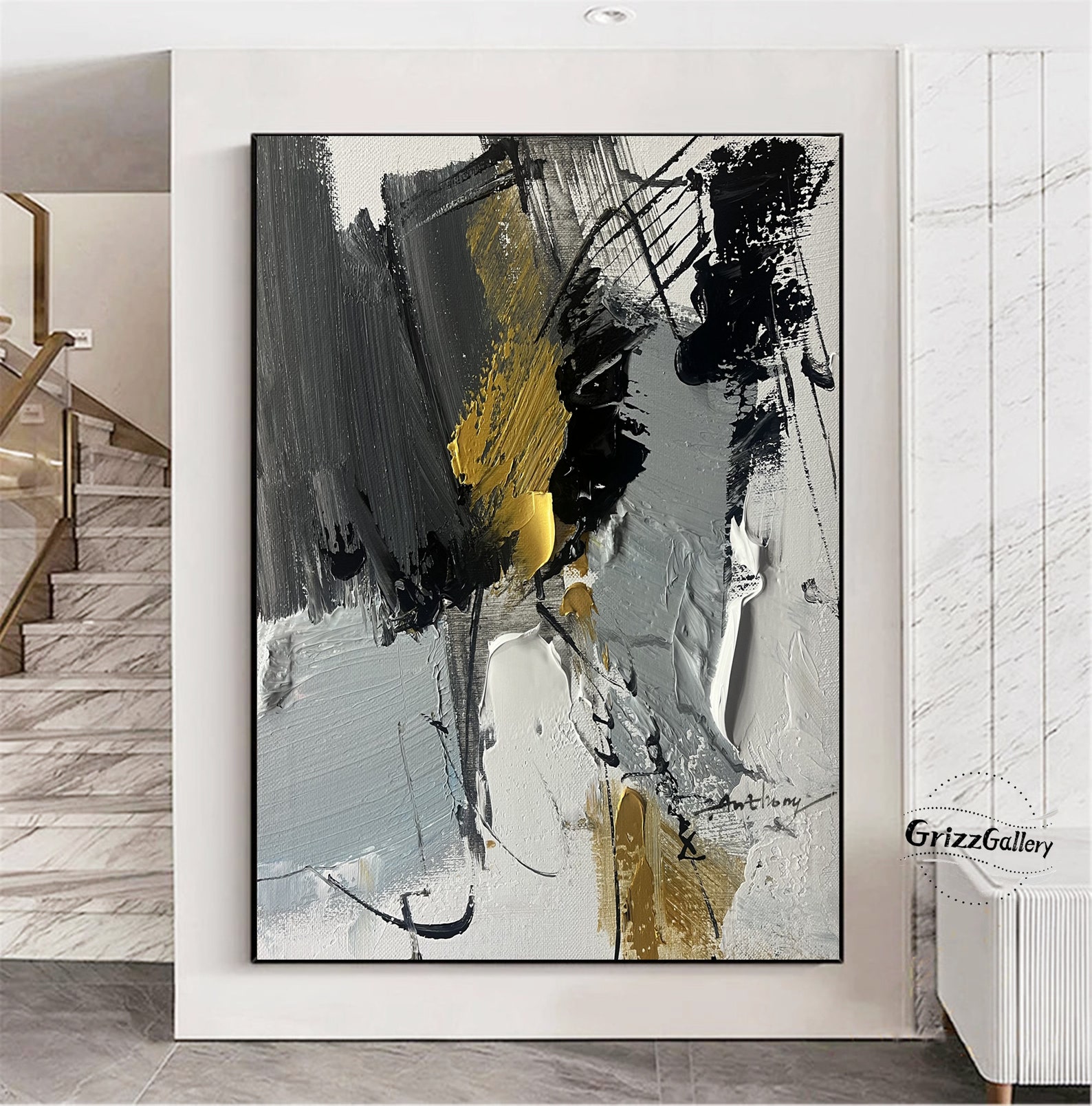 Black and Gray Abstract Painting Black Abstract Wall Art Gray Etsy