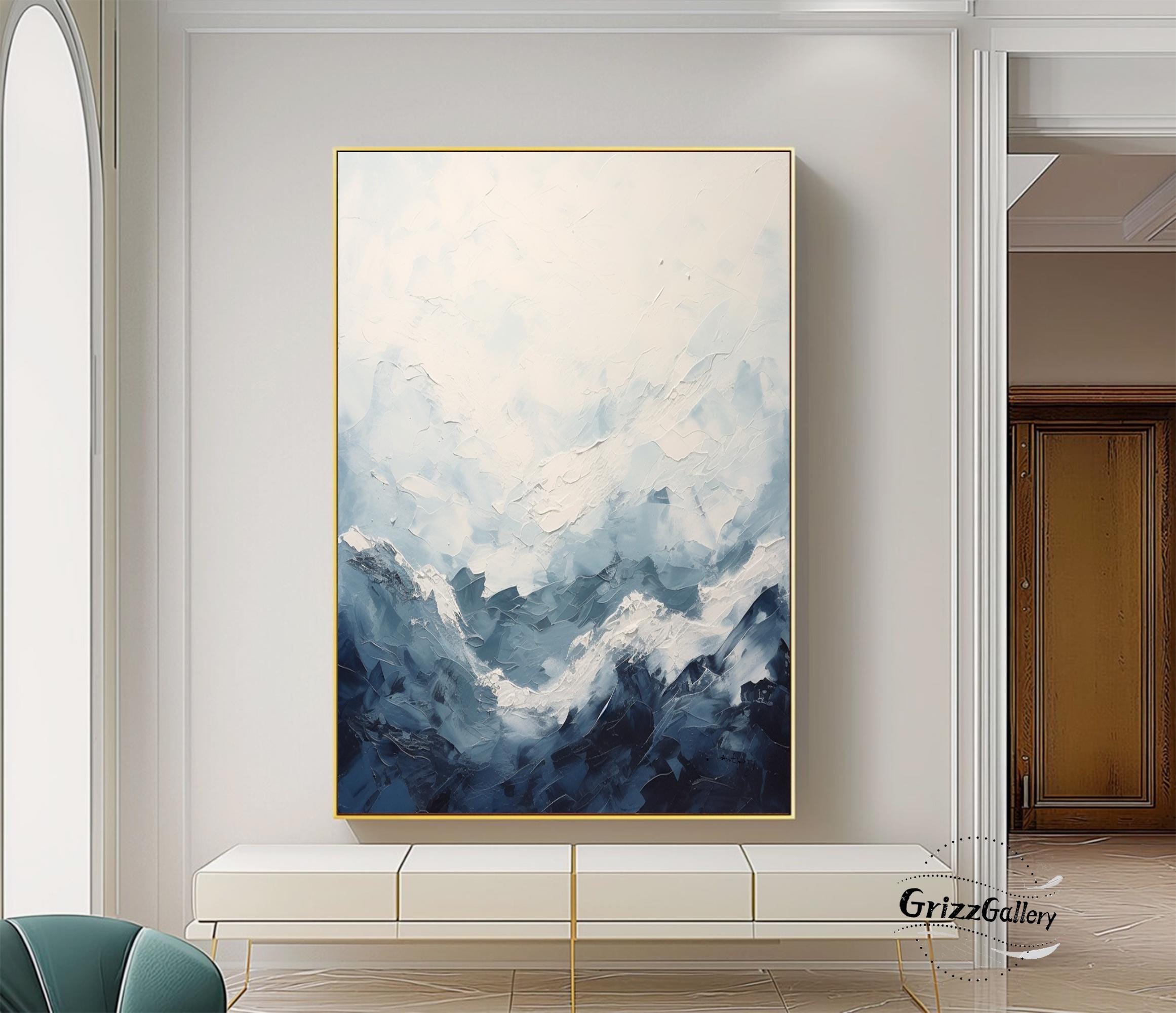 Modern Blue and White Minimalist Wall Art White Textured Painting