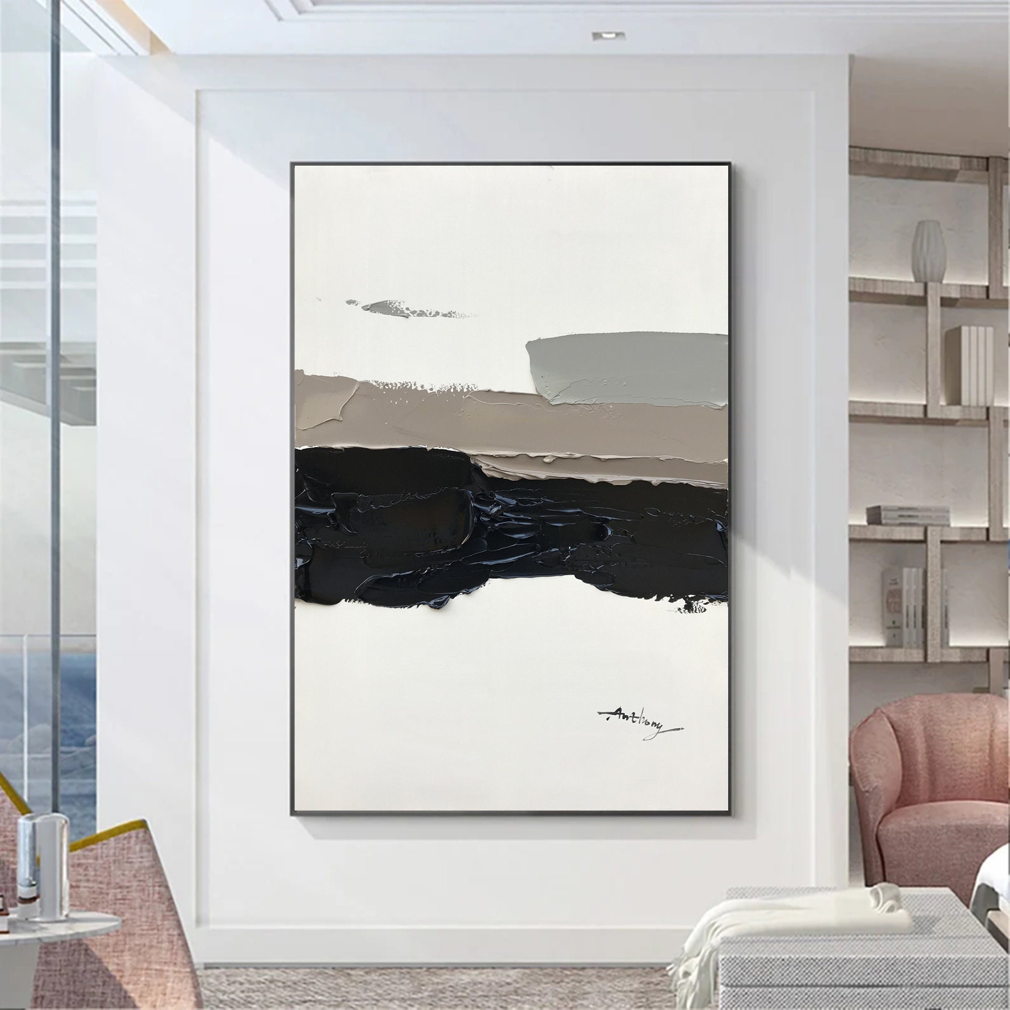 Large Minimalist Abstract Painting Black Minimalist Abstract Art Beige ...
