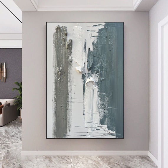 Large Abstract Painting Large Grey Abstract Painting White Texture Abstract Wall Art Blue Art Minimalist Abstract Art Modern Living Room Art Etsy