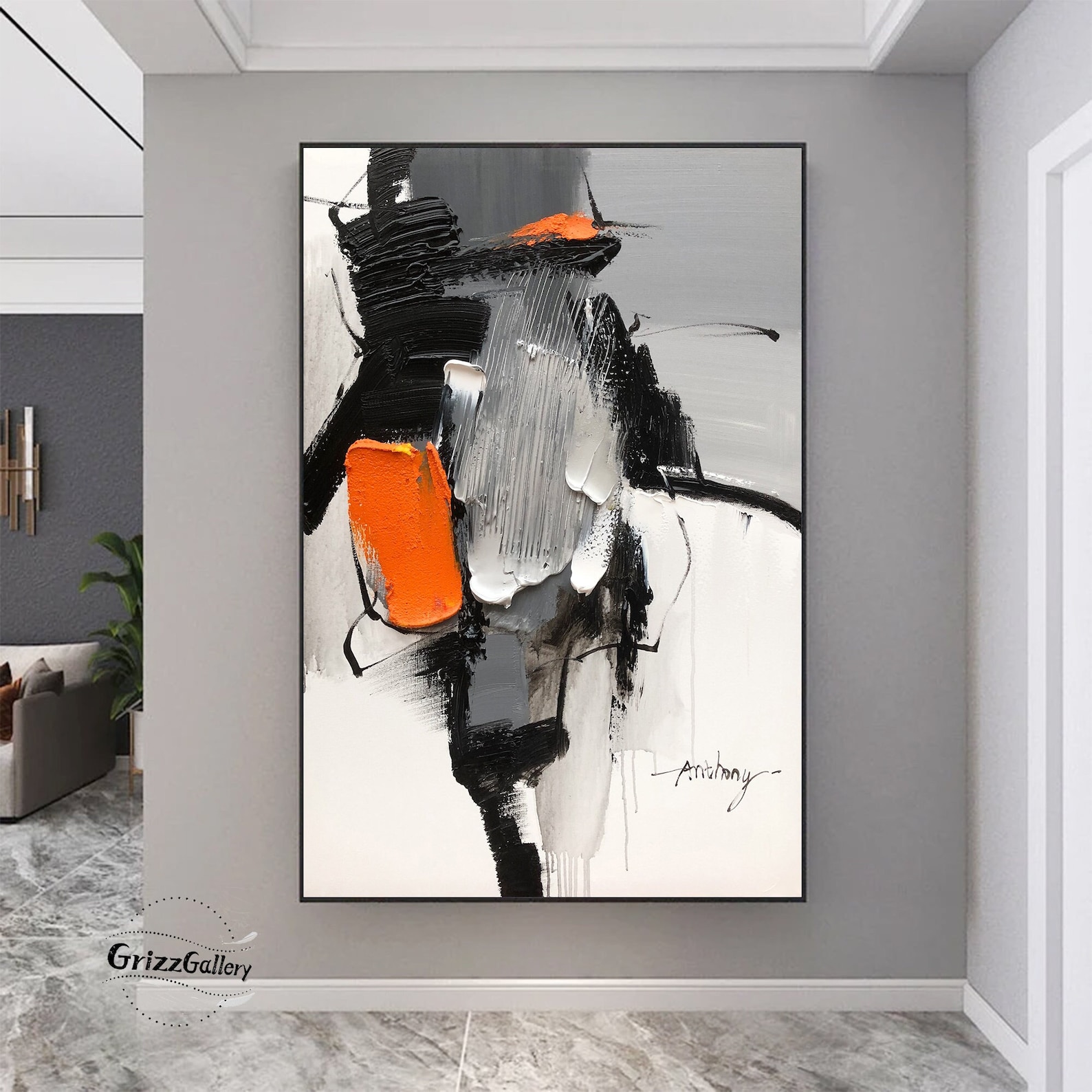 Black and Gray Abstract Painting Modern Minimalist Textured Painting