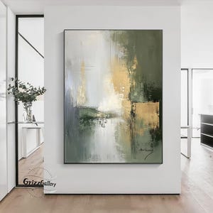 Green Minimalist Abstract Canvas Painting Oversized Modern Frame Decorative Wall Art Original Handmade Green and Gold Abstract Painting