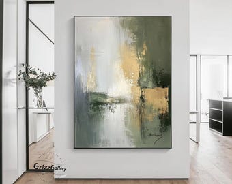 Green Minimalist Abstract Canvas Painting Oversized Modern Frame Decorative Wall Art Original Handmade Green and Gold Abstract Painting