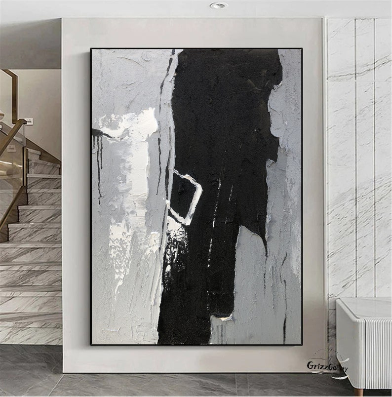 Large Grey Texture Painting Black and Grey Abstract Wall Art Etsy