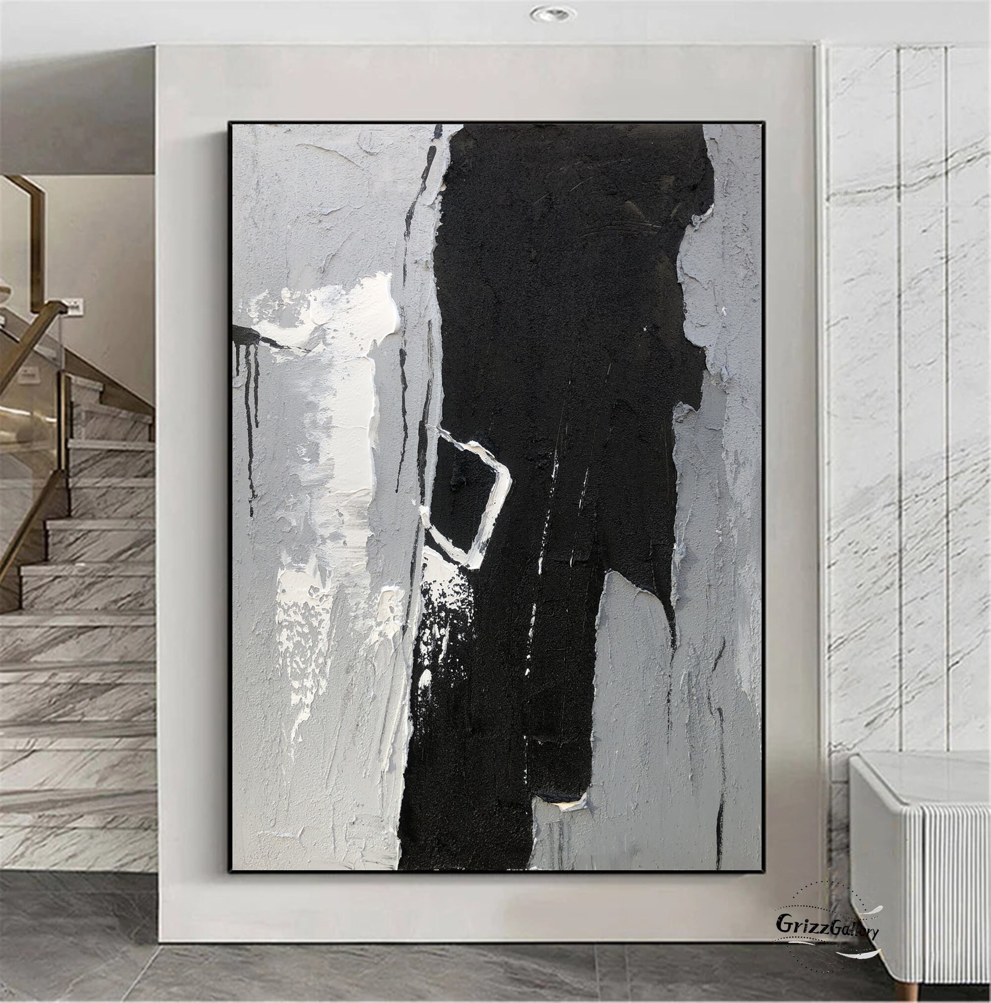 Large Grey Texture Painting Black and Grey Abstract Wall Art - Etsy